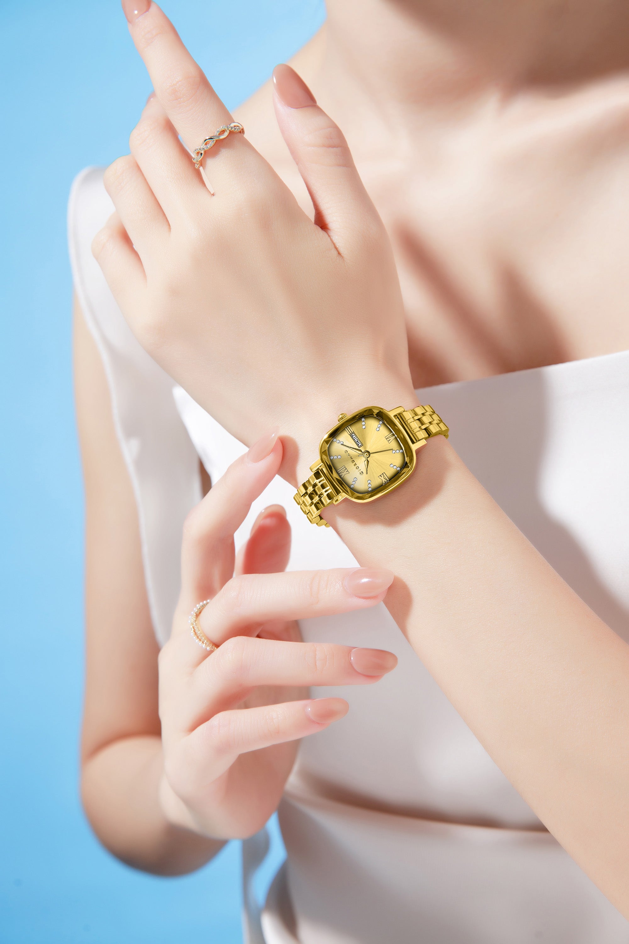 Giordano Elegant Square Watch for Women – Crystal & Roman Hour Markers, Day-Date Display, Stainless Steel Strap | GZ-60097-77