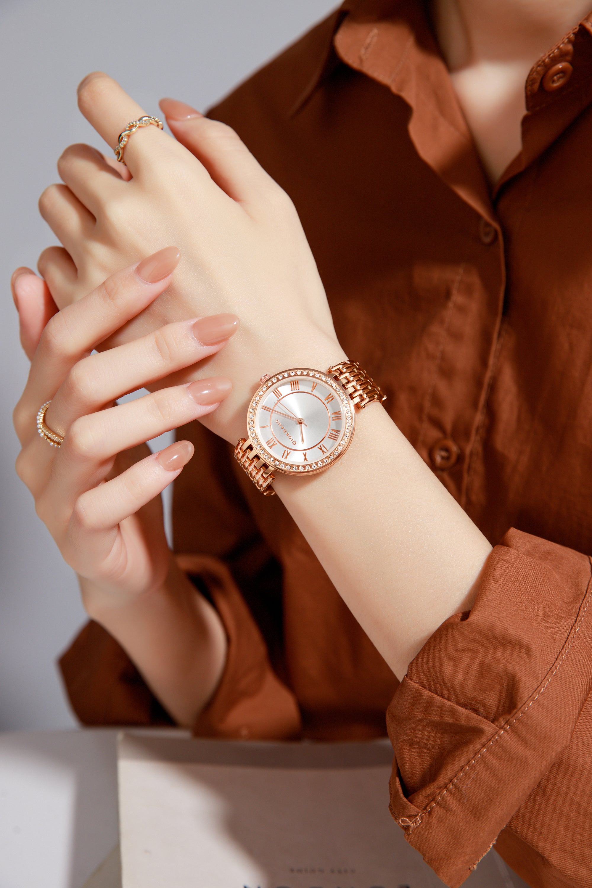 Giordano Eleganza Collection Watch for Women with Stainless Steel Strap and Crystal Embellished Bezel, Roman Numerals-A2083-22