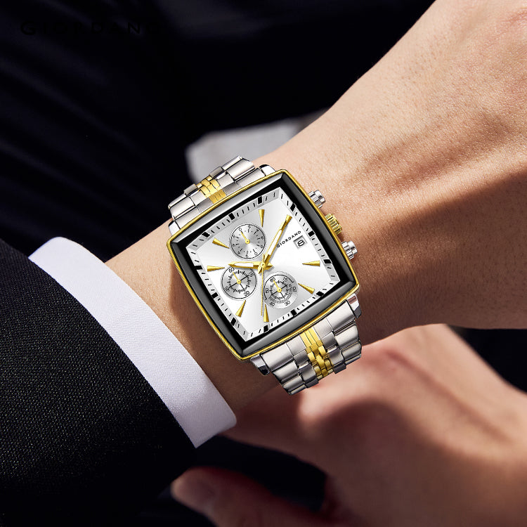 Giordano Multi Function Watch For Men With Square White Dial, Stainless Steel Strap And Date Display GZ-50138-33