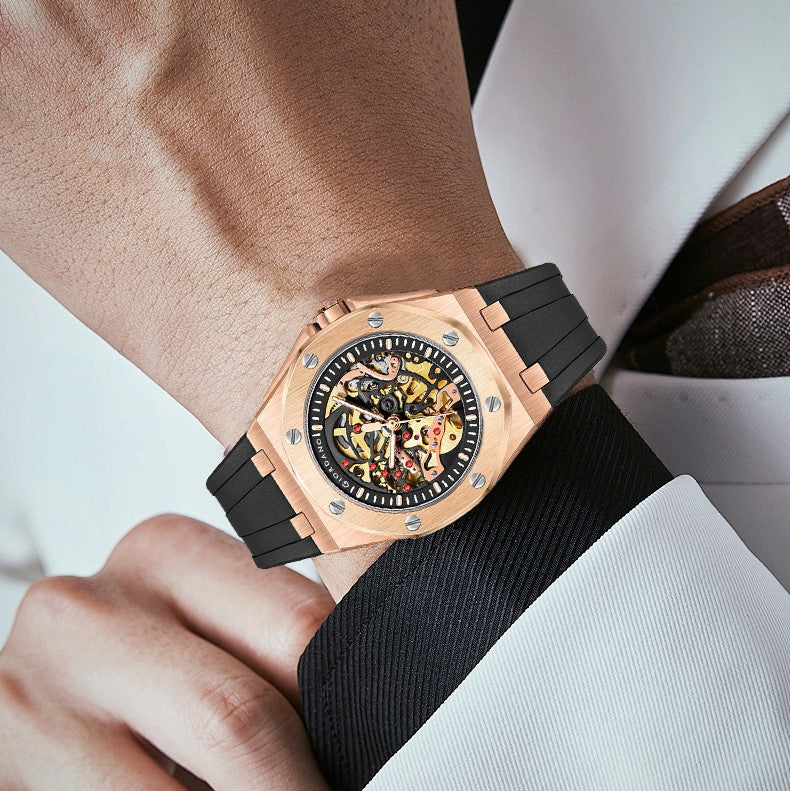 Giordano Automatic Watch for Men – Mechanical Skeleton Dial,Transparent Gear Display, Silicon Strap | GZ-50129-02