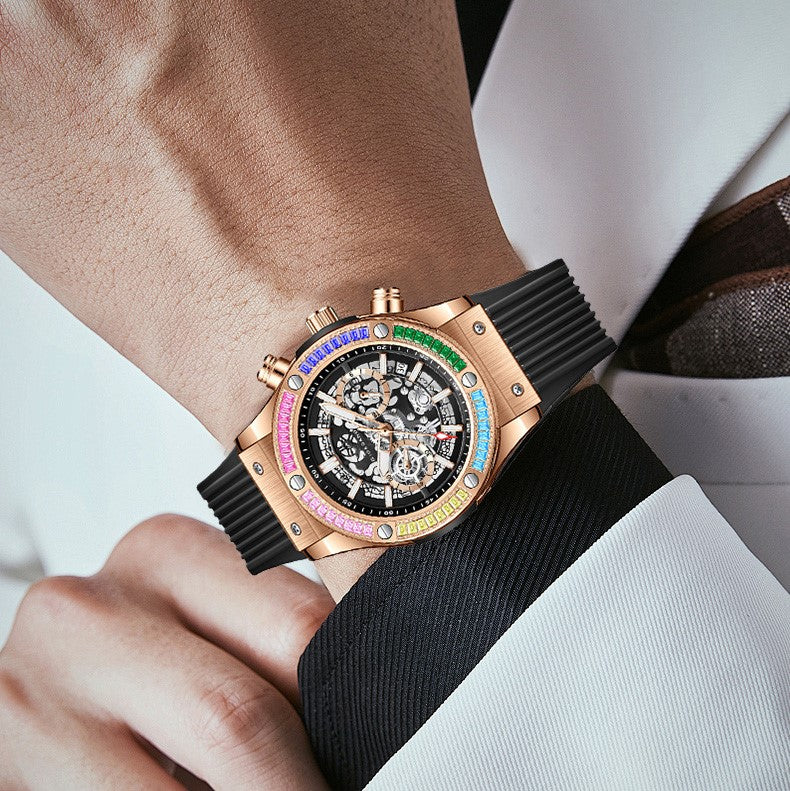 Giordano Multi-Function Watch for Men | Rainbow Crystal Bezel | Skeleton Dial | Black Sillicon Strap | GZ-50130-03