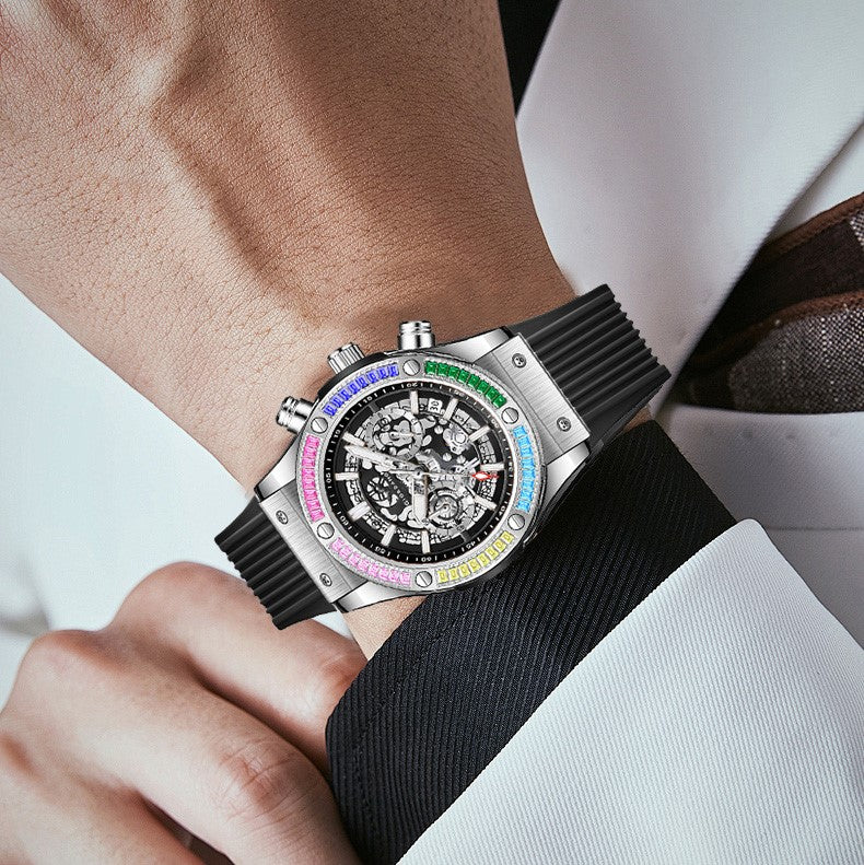 Giordano Multi-Function Watch for Men | Rainbow Crystal Bezel | Skeleton Dial | Black Sillicon Strap | GZ-50130-02
