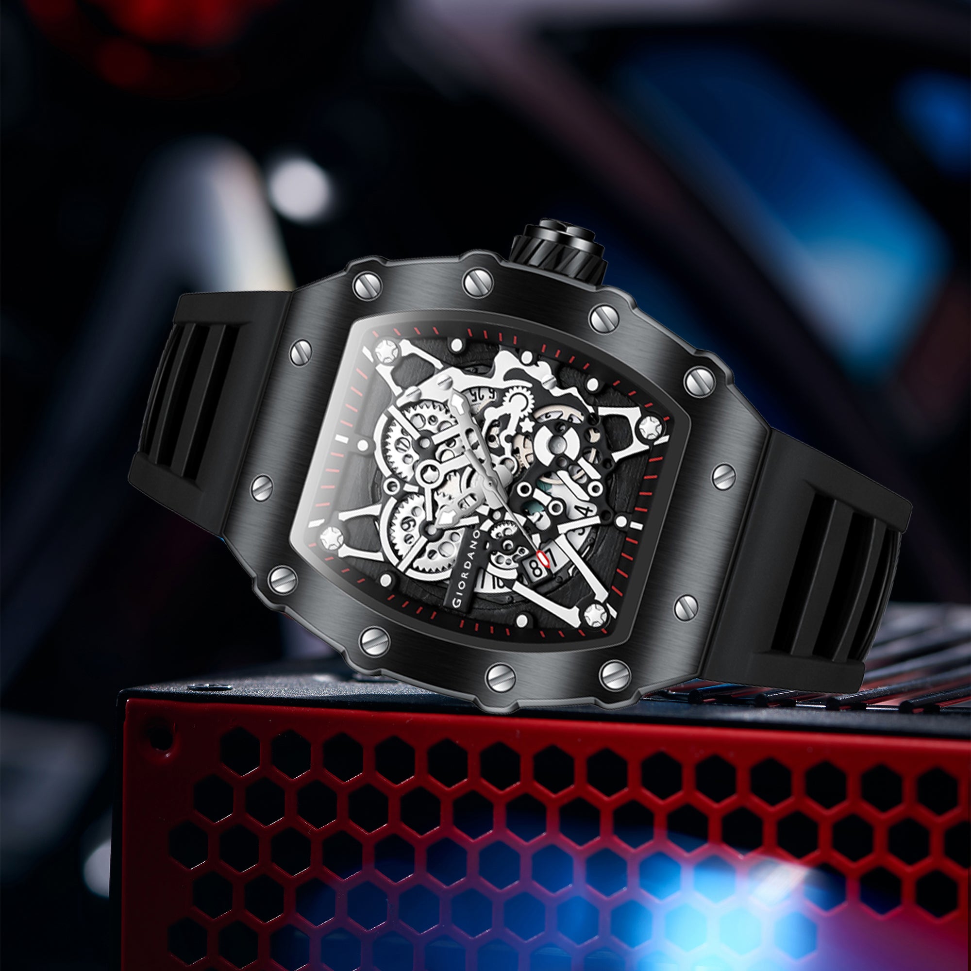 Giordano Analog Watch for Men - Skeleton-Style Dial | Brushed Steel Case with Silicone Strap | GZ-50127-01