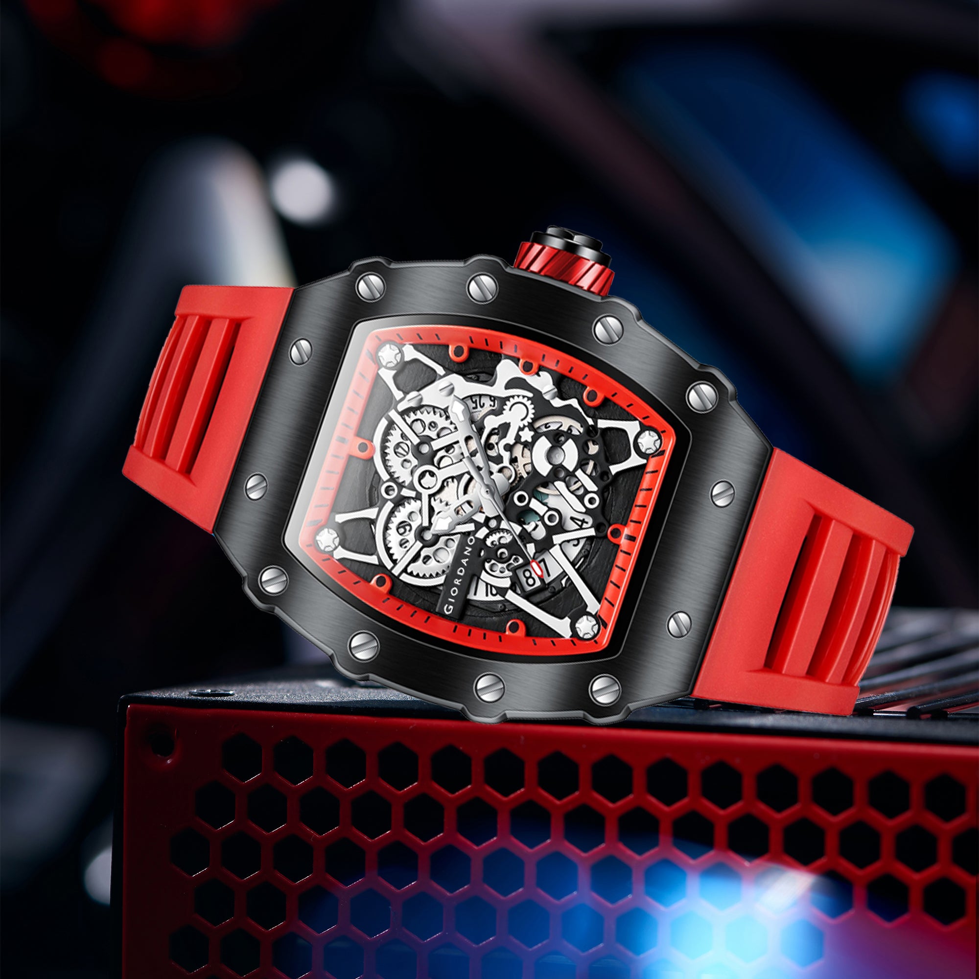 Giordano Analog Watch for Men - Skeleton-Style Dial | Brushed Steel Case with Silicone Strap | GZ-50127-06