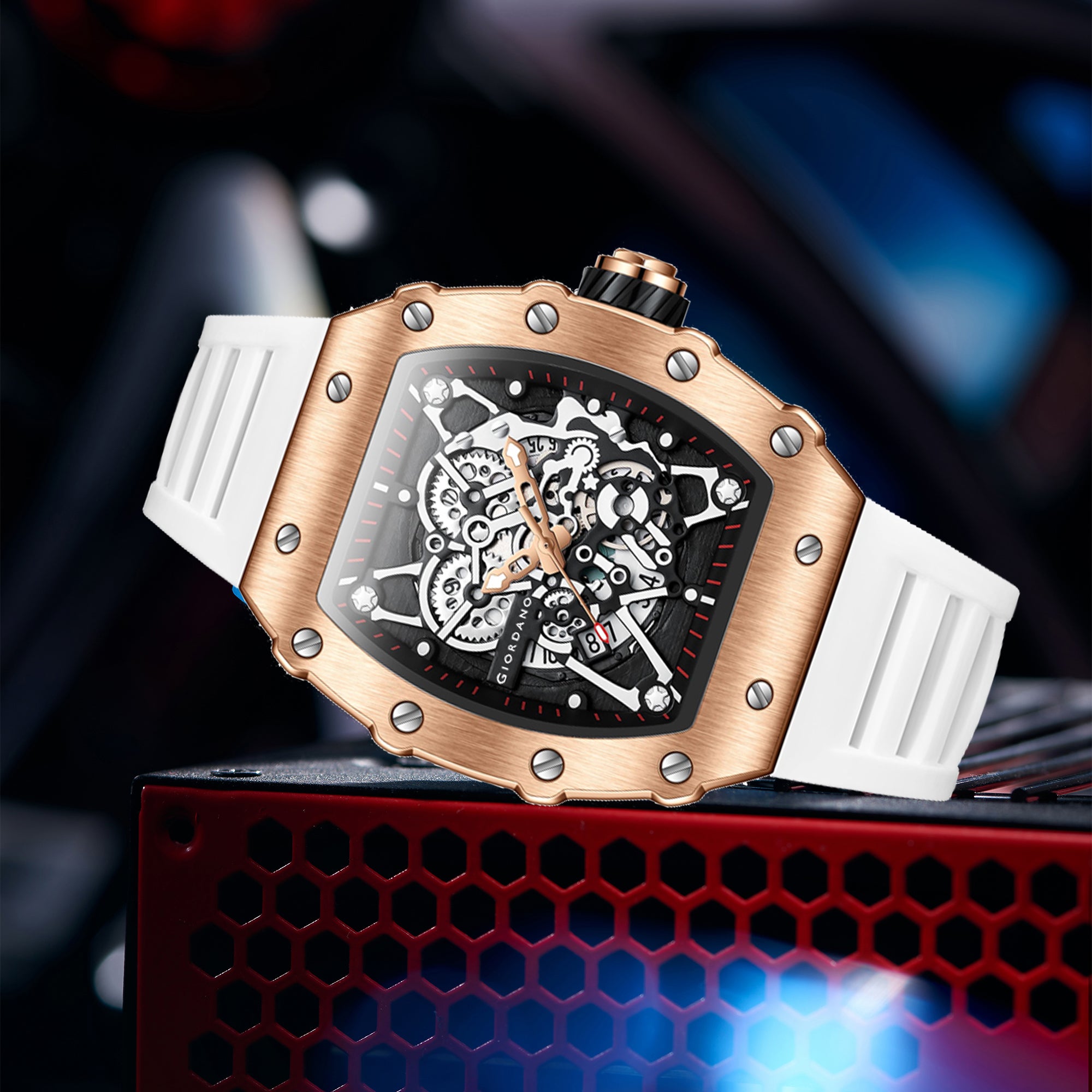 Giordano Analog Watch for Men - Skeleton-Style Dial | Brushed Steel Case with Silicone Strap | GZ-50127-04