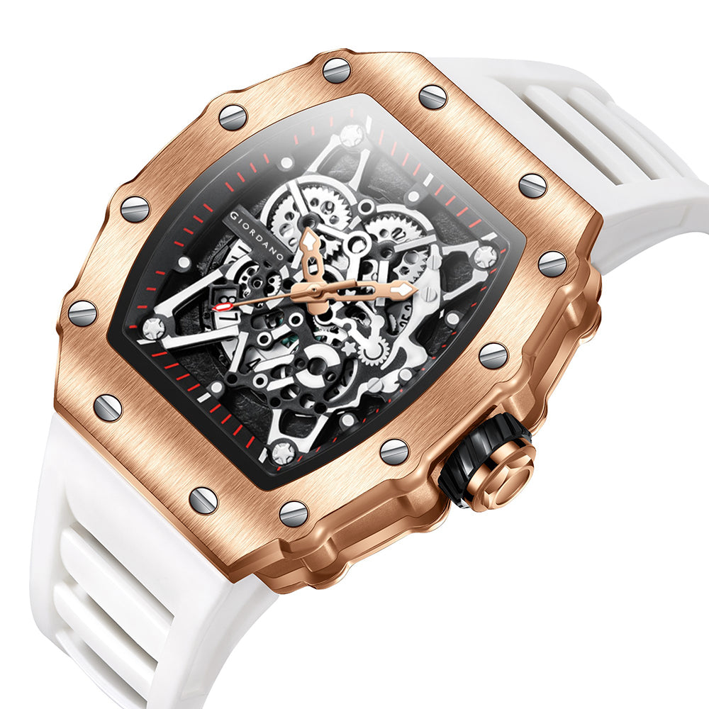 Giordano Analog Watch for Men - Skeleton-Style Dial | Brushed Steel Case with Silicone Strap | GZ-50127-04