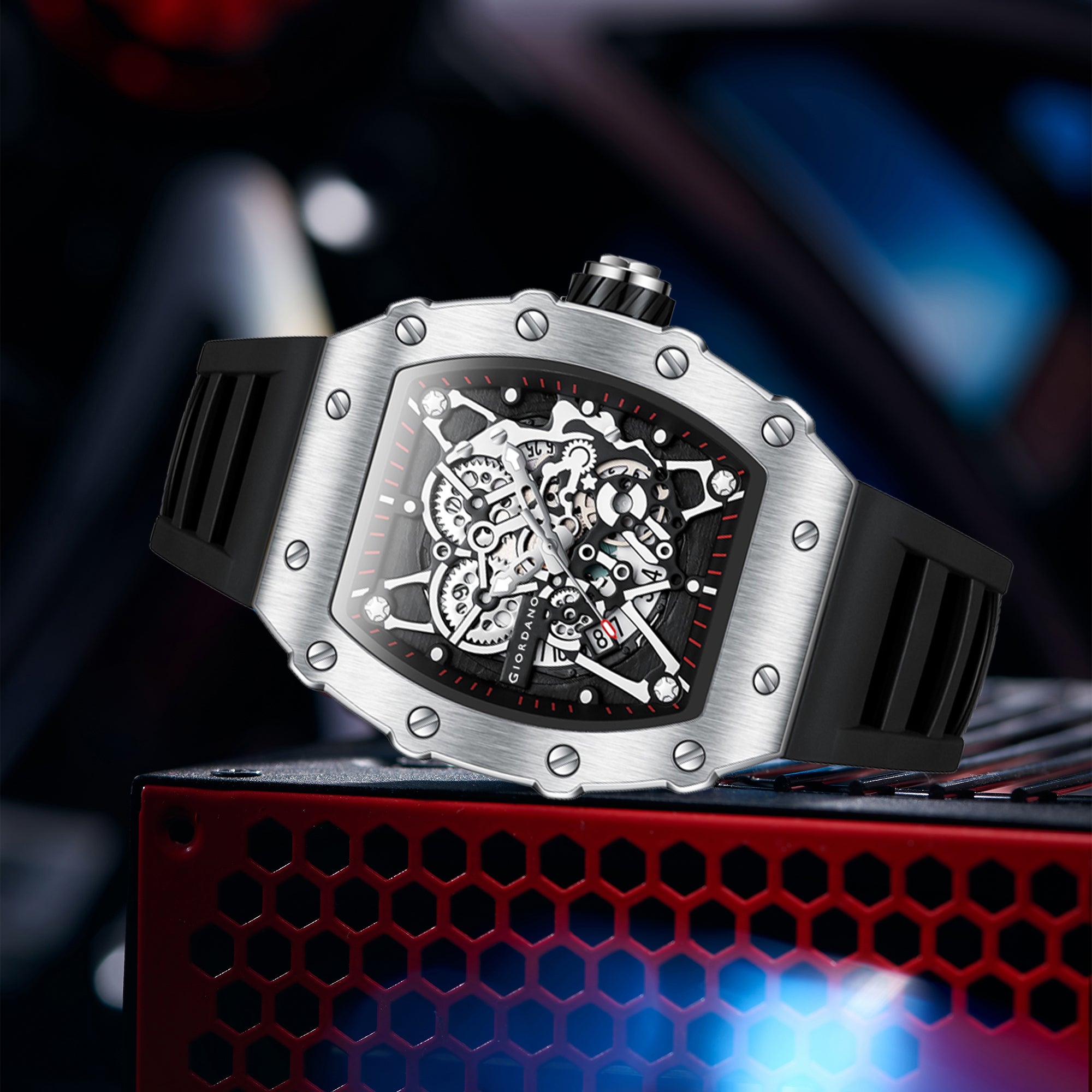 Giordano Analog Watch for Men - Skeleton-Style Dial | Brushed Steel Case with Silicone Strap | GZ-50127-02