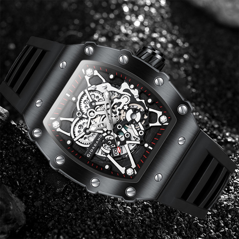 Giordano Analog Watch for Men - Skeleton-Style Dial | Brushed Steel Case with Silicone Strap | GZ-50127-01