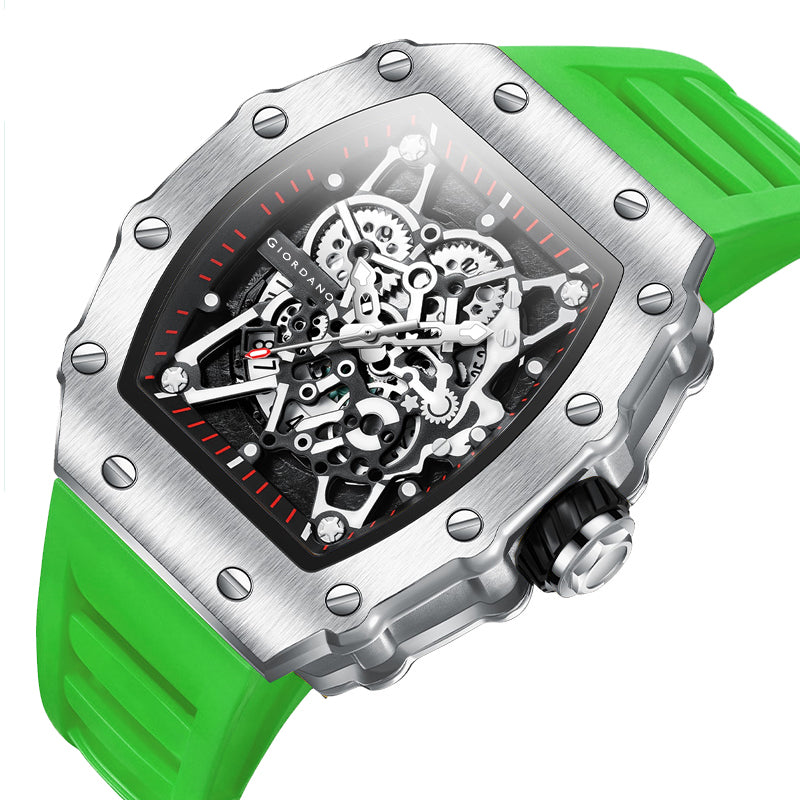 Giordano Analog Watch for Men - Skeleton-Style Dial | Brushed Steel Case with Silicone Strap | GZ-50127-07