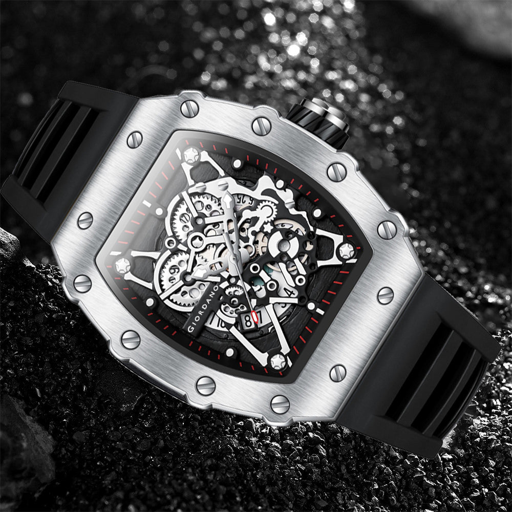 Giordano Analog Watch for Men - Skeleton-Style Dial | Brushed Steel Case with Silicone Strap | GZ-50127-02
