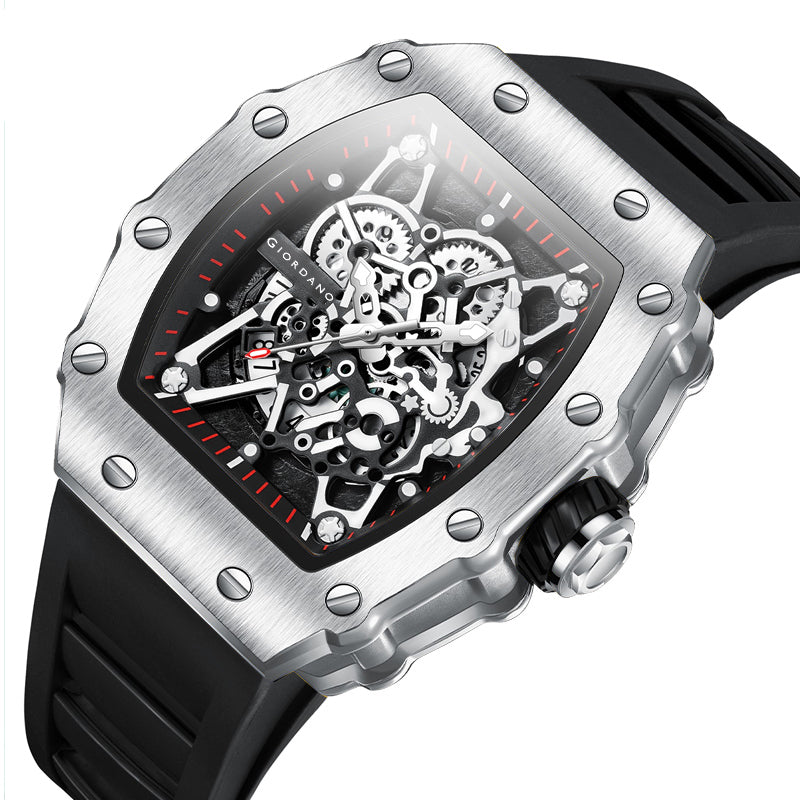 Giordano Analog Watch for Men - Skeleton-Style Dial | Brushed Steel Case with Silicone Strap | GZ-50127-02