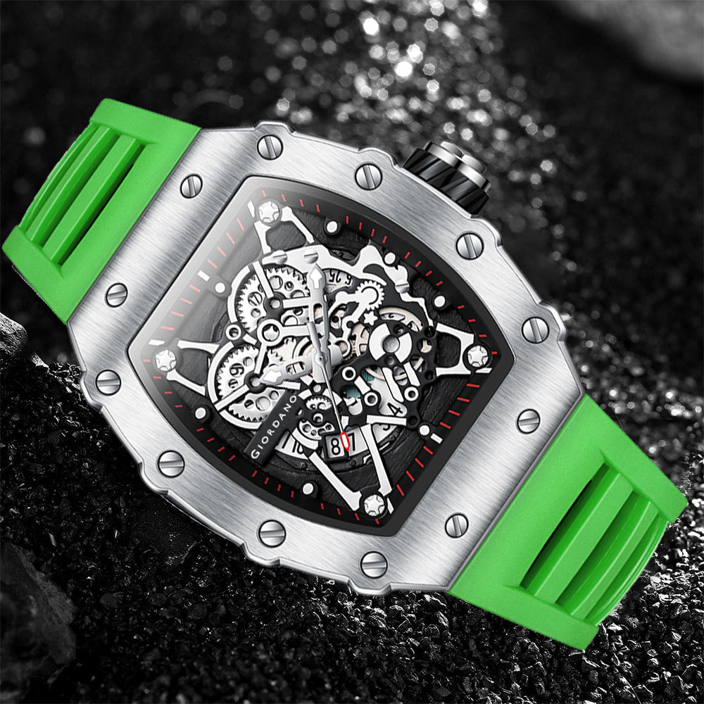 Giordano Analog Watch for Men - Skeleton-Style Dial | Brushed Steel Case with Silicone Strap | GZ-50127-07