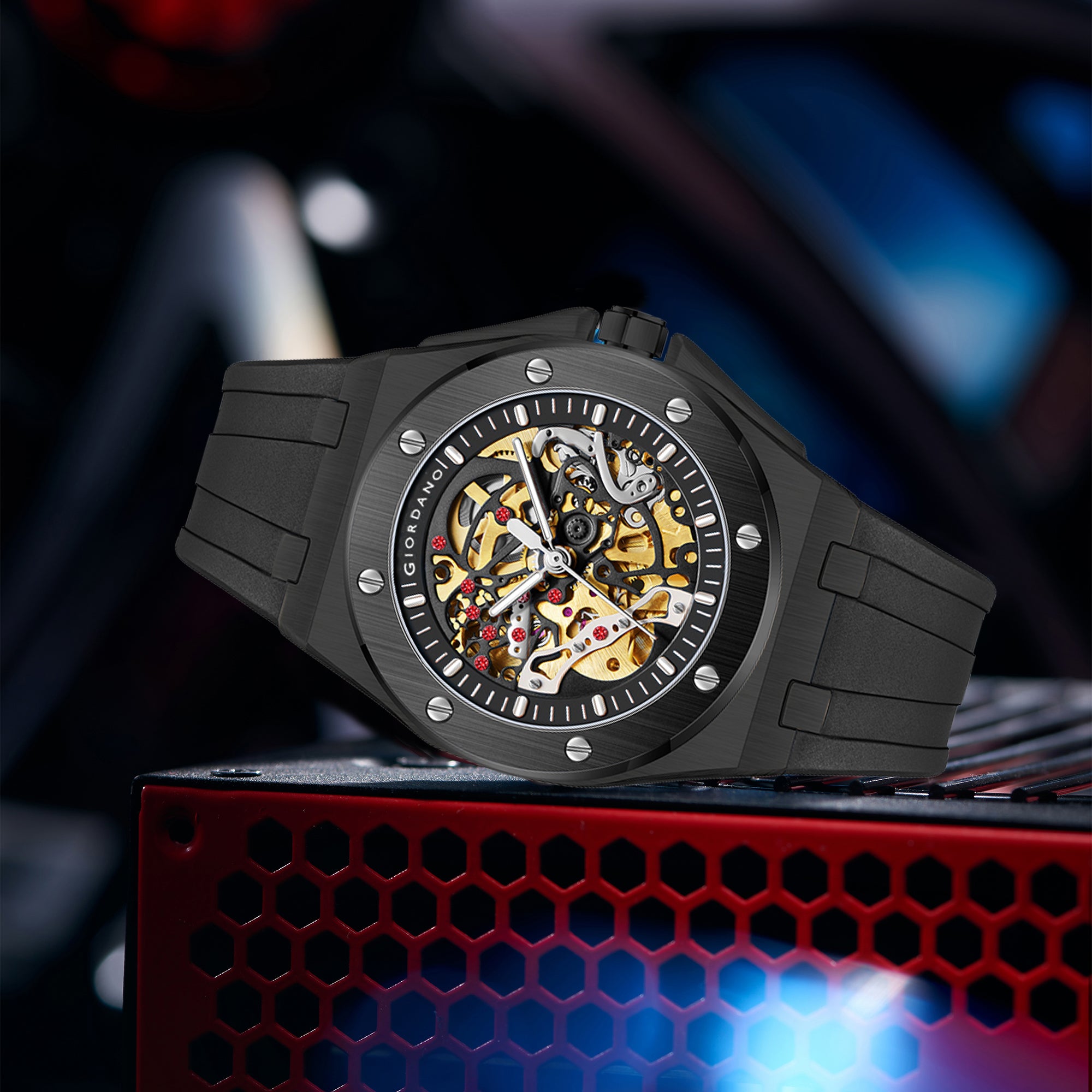 Giordano Automatic Watch for Men – Mechanical Skeleton Dial,Transparent Gear Display, Silicon Strap | GZ-50129-01