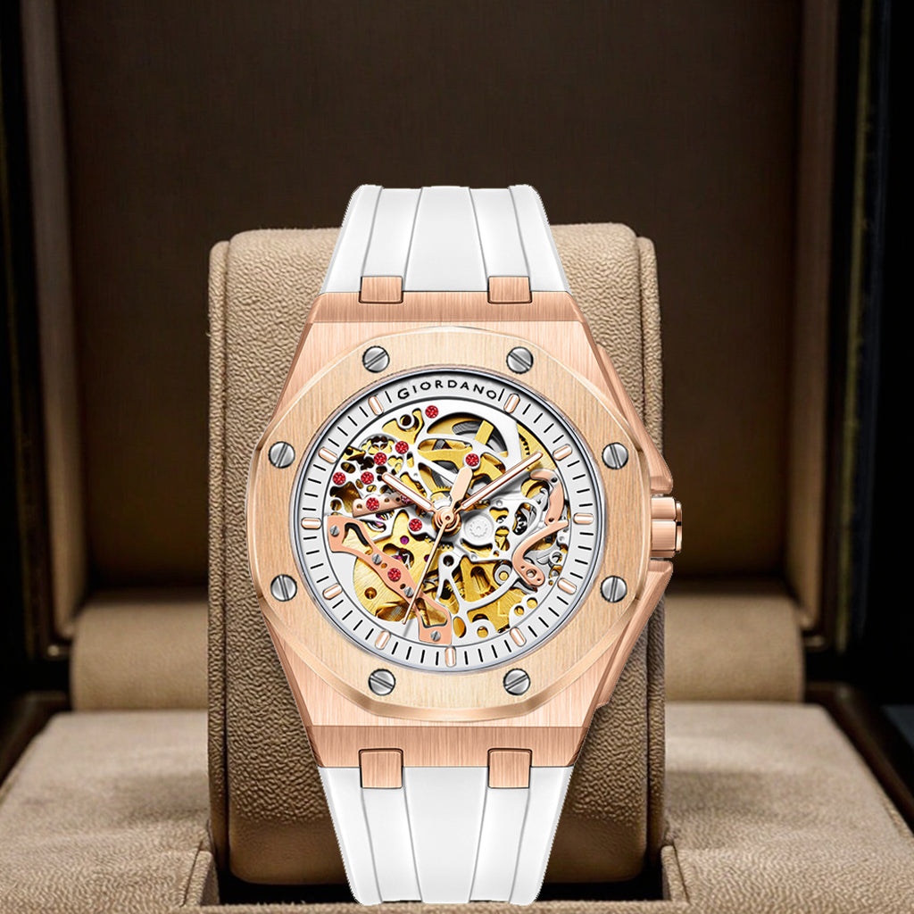 Giordano Automatic Watch for Men – Mechanical Skeleton Dial,Transparent Gear Display, Silicon Strap | GZ-50129-04