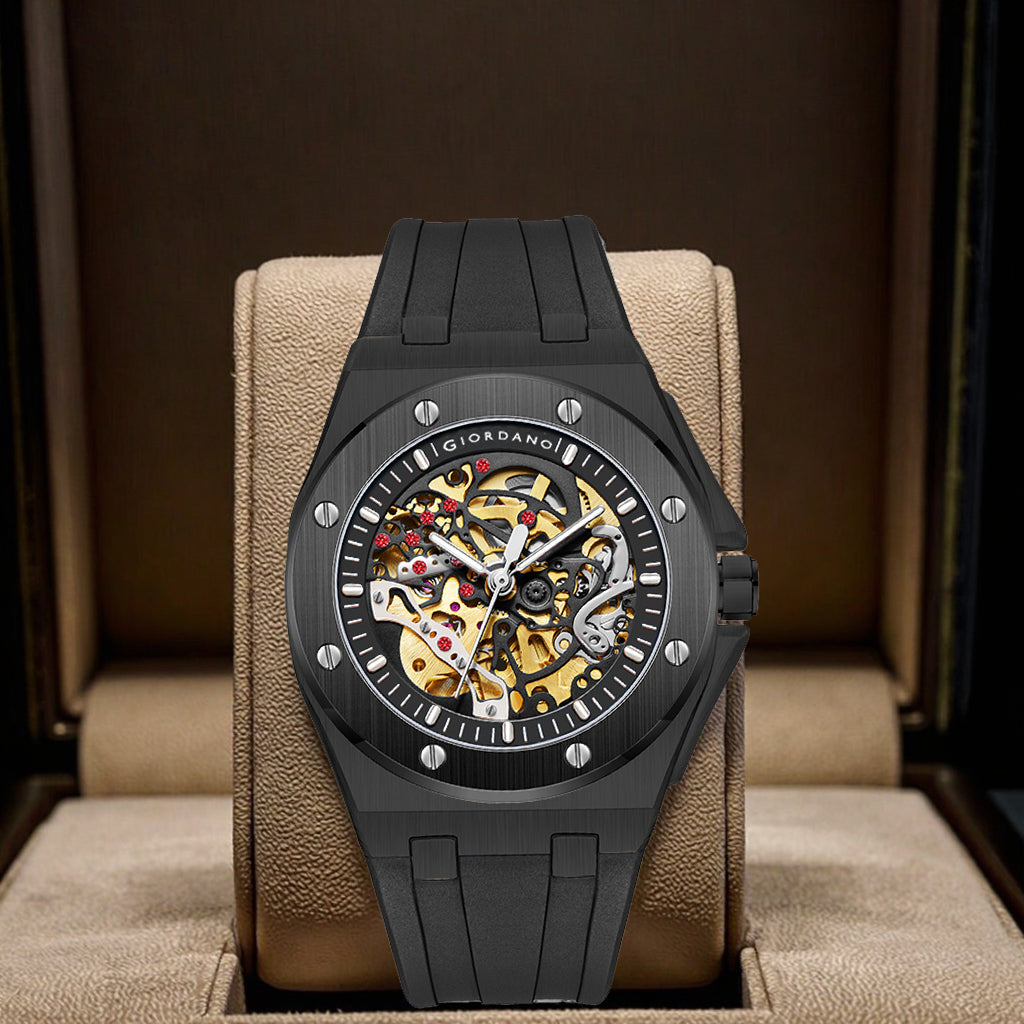 Giordano Automatic Watch for Men – Mechanical Skeleton Dial,Transparent Gear Display, Silicon Strap | GZ-50129-01