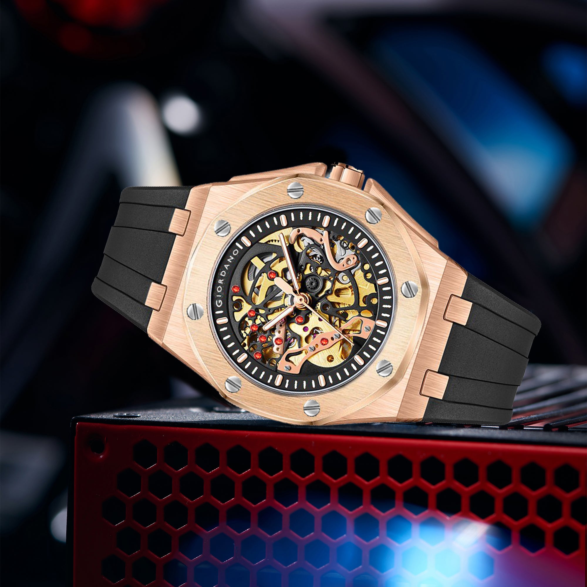 Giordano Automatic Watch for Men – Mechanical Skeleton Dial,Transparent Gear Display, Silicon Strap | GZ-50129-02