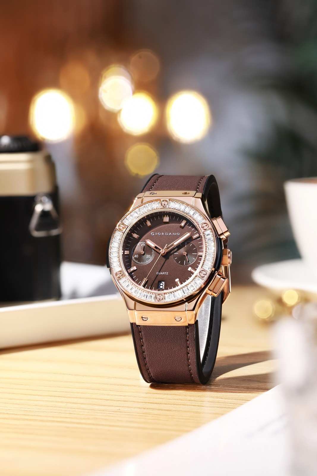 Giordano analog Watch for Women  – Round Dial,  Leather Strap, Crystal-Studded Bezel with Quartz Movement-GZ-60093-05