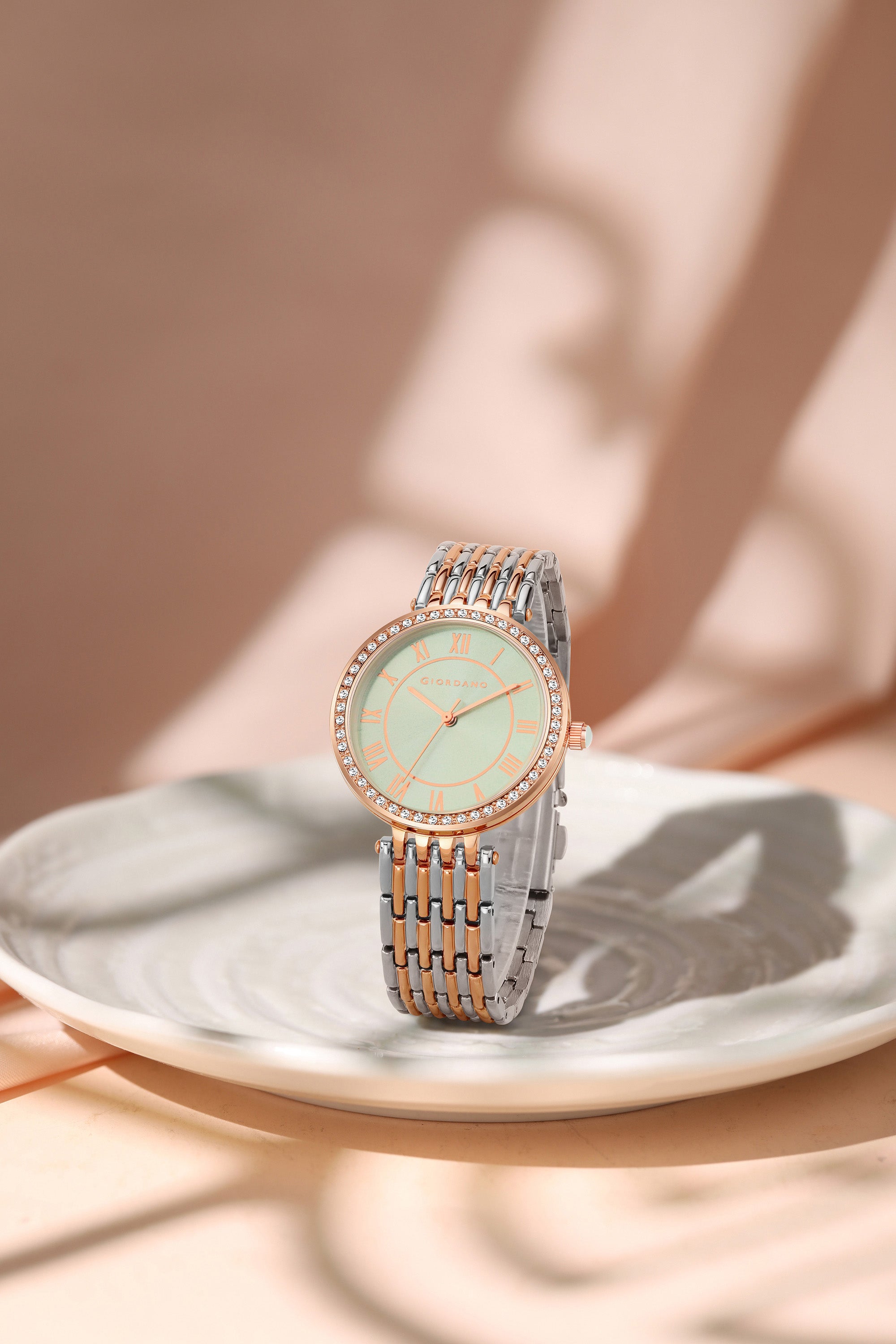 Giordano Eleganza Collection Watch for Women with Stainless Steel Strap and Crystal Embellished Bezel, Roman Numerals-A2083-11C