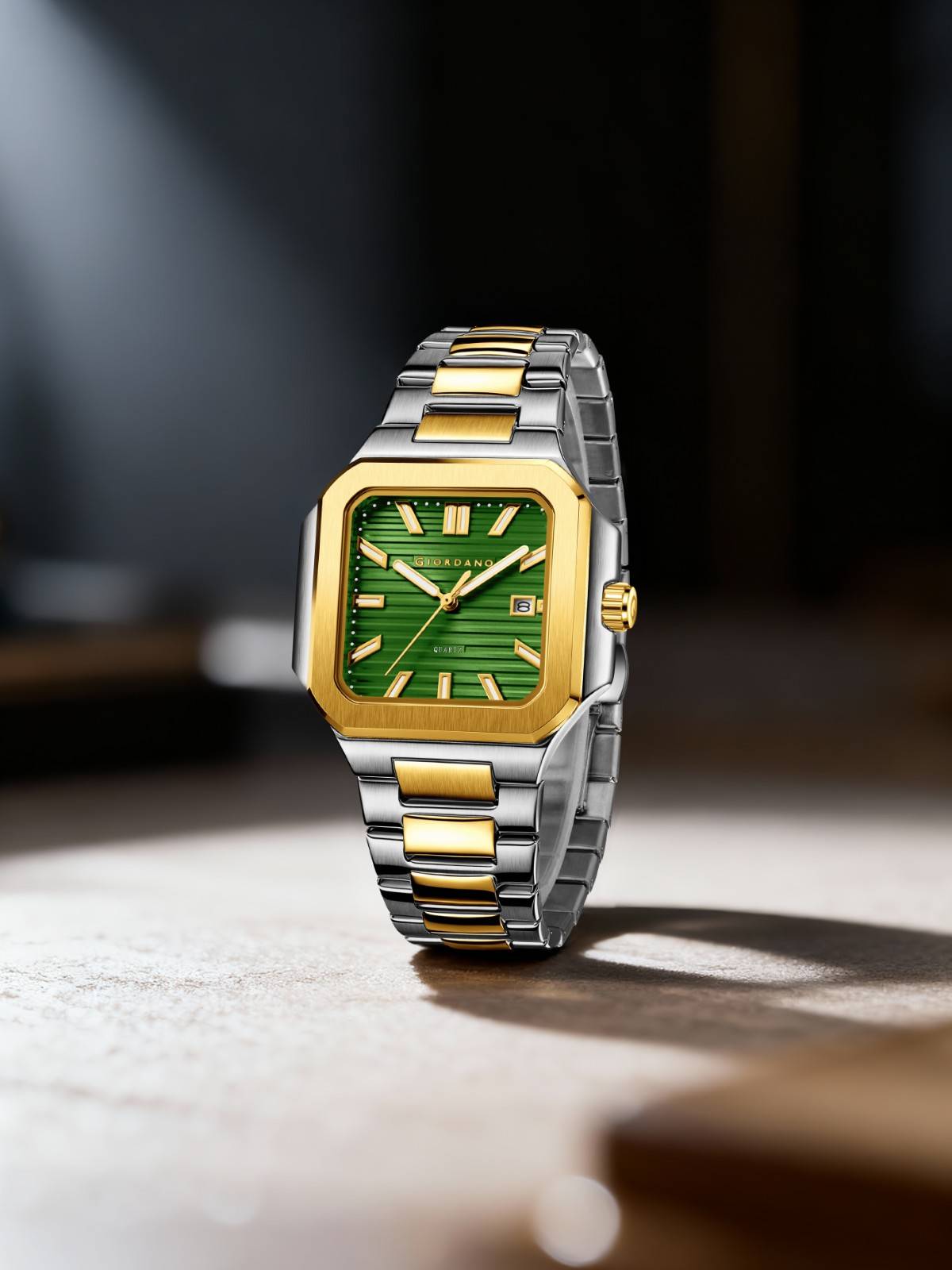 GIORDANO Analog Square Watch for Men – Textured Dial, Two-Tone Stainless Steel Strap, Quartz Movement and Date Display - GZ-50174-33