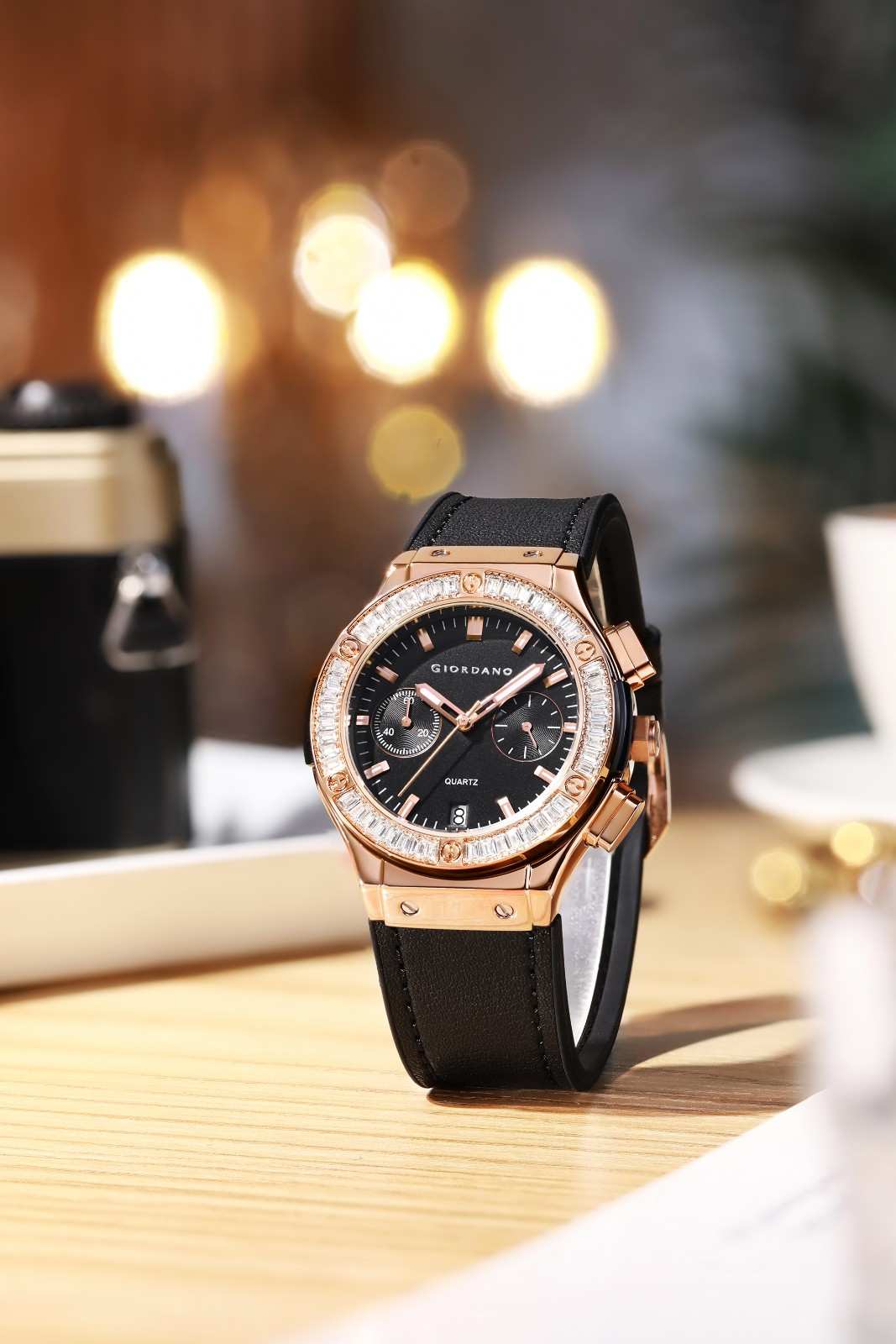 Giordano analog Watch for Women  – Round Dial,  Leather Strap, Crystal-Studded Bezel with Quartz Movement-GZ-60093-06