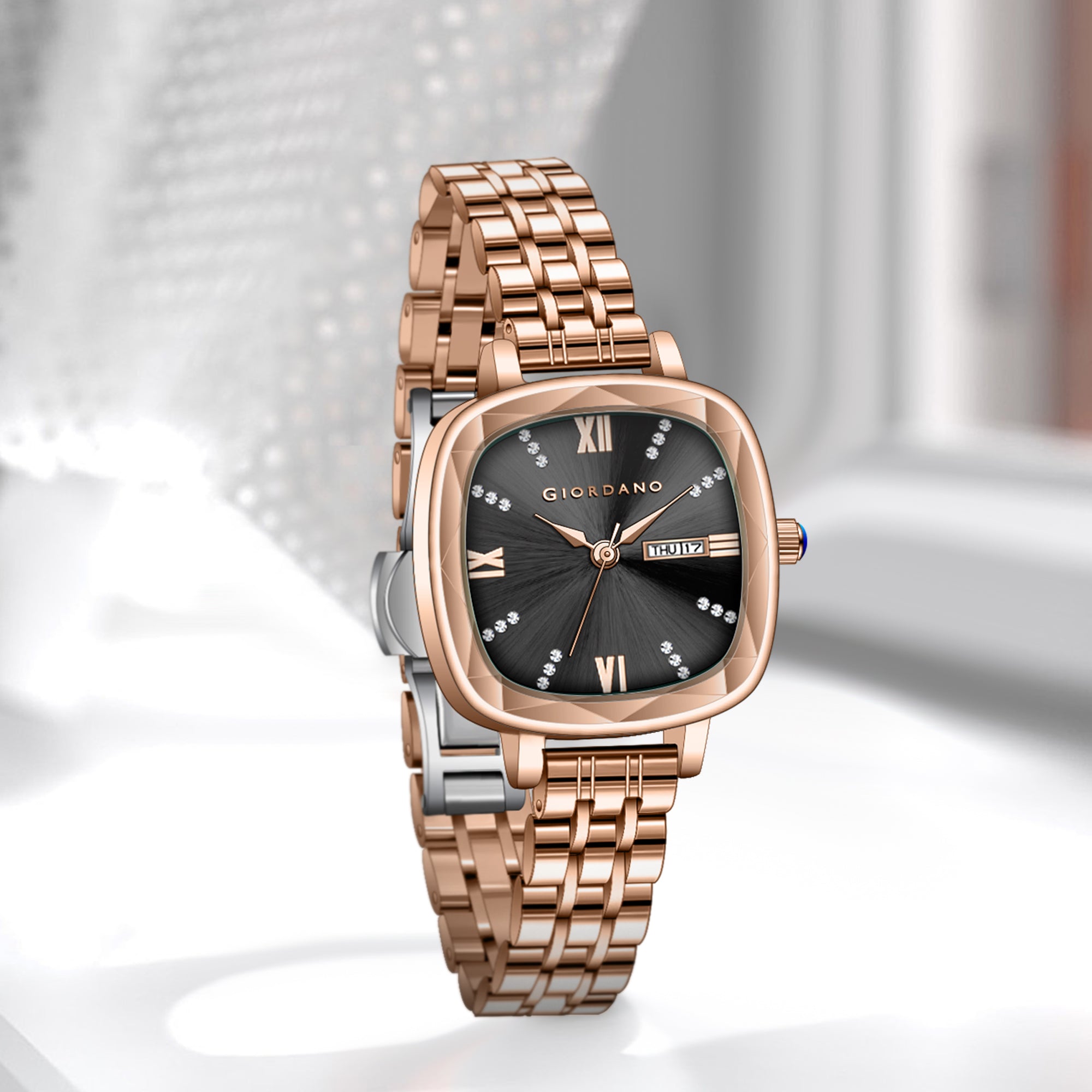 Giordano Elegant Square Watch for Women – Crystal & Roman Hour Markers, Day-Date Display, Stainless Steel Strap | GZ-60097-66