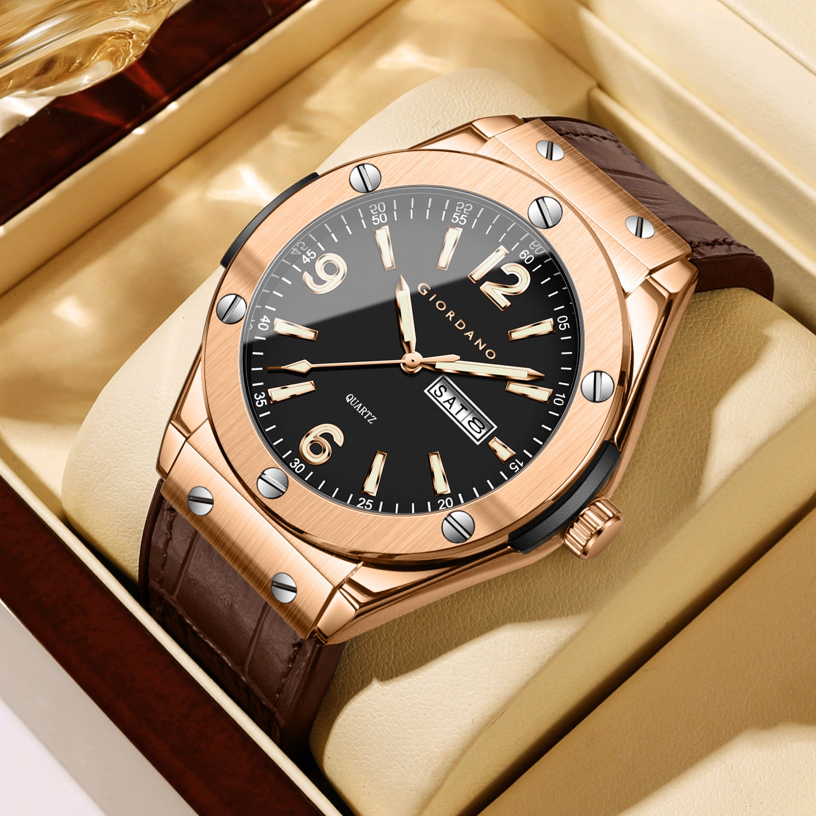 GIORDANO Luxury Watch for Men with Leather Strap, Day-Date Display, Brushed Metal Finish, and Silver Screw Details - GZ-50176-02