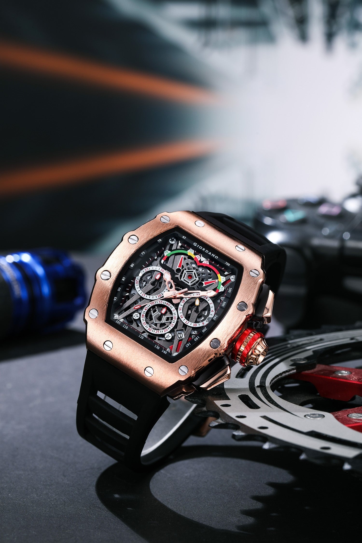 Giordano SPYDER Multifunction Watch - with Day, Date, and 24-Hour Sub-Dials | Water Resistant Square dial Unique Design Wrist Watch for Man | Best Gift for Males - GZ-50120-02