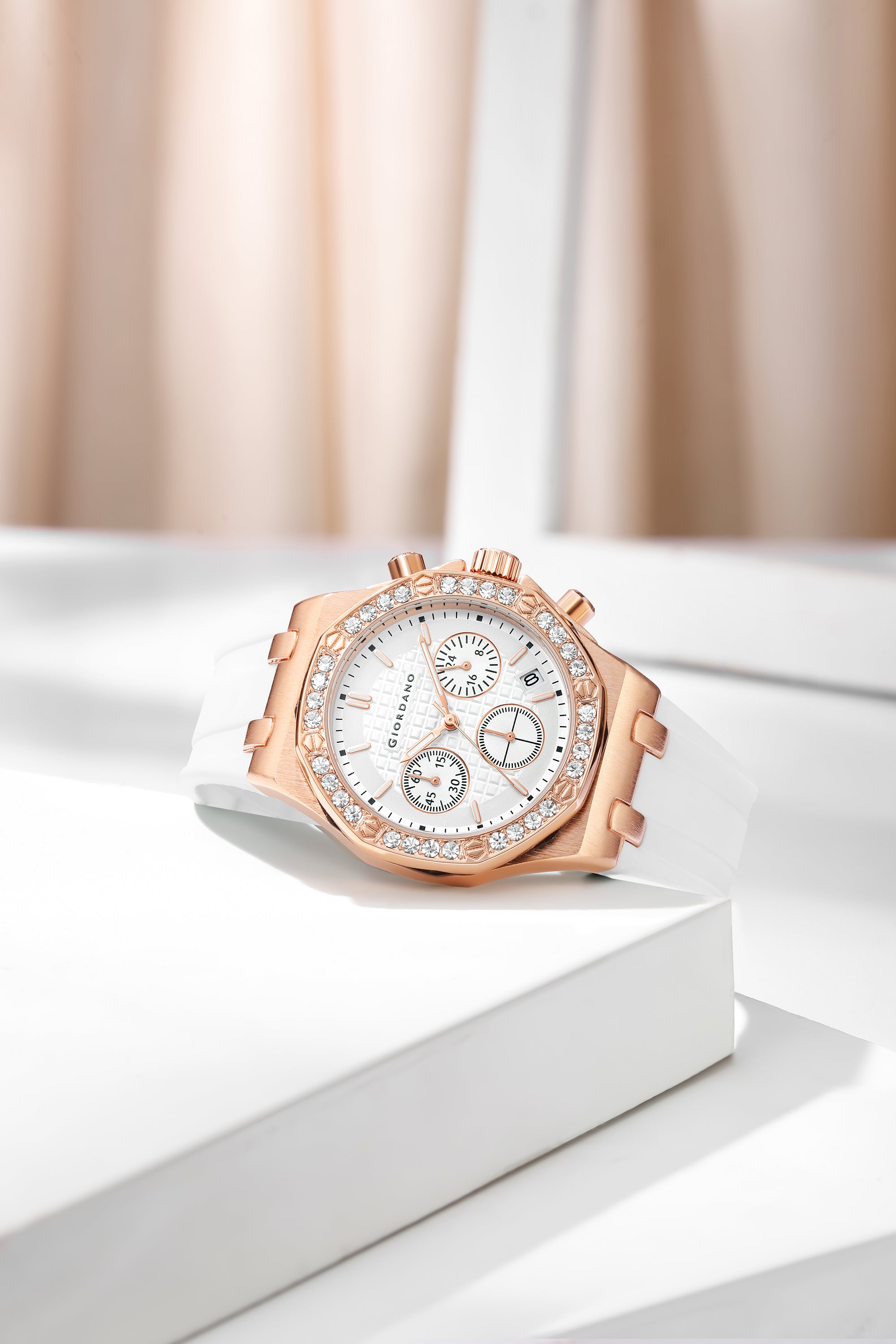 Giordano Chronograph Watch for Women | Stainless Steel Case, Crystal bezel | Modern & Stylish Timepiece with Comfortable Silicone Strap | GZ-50154-22