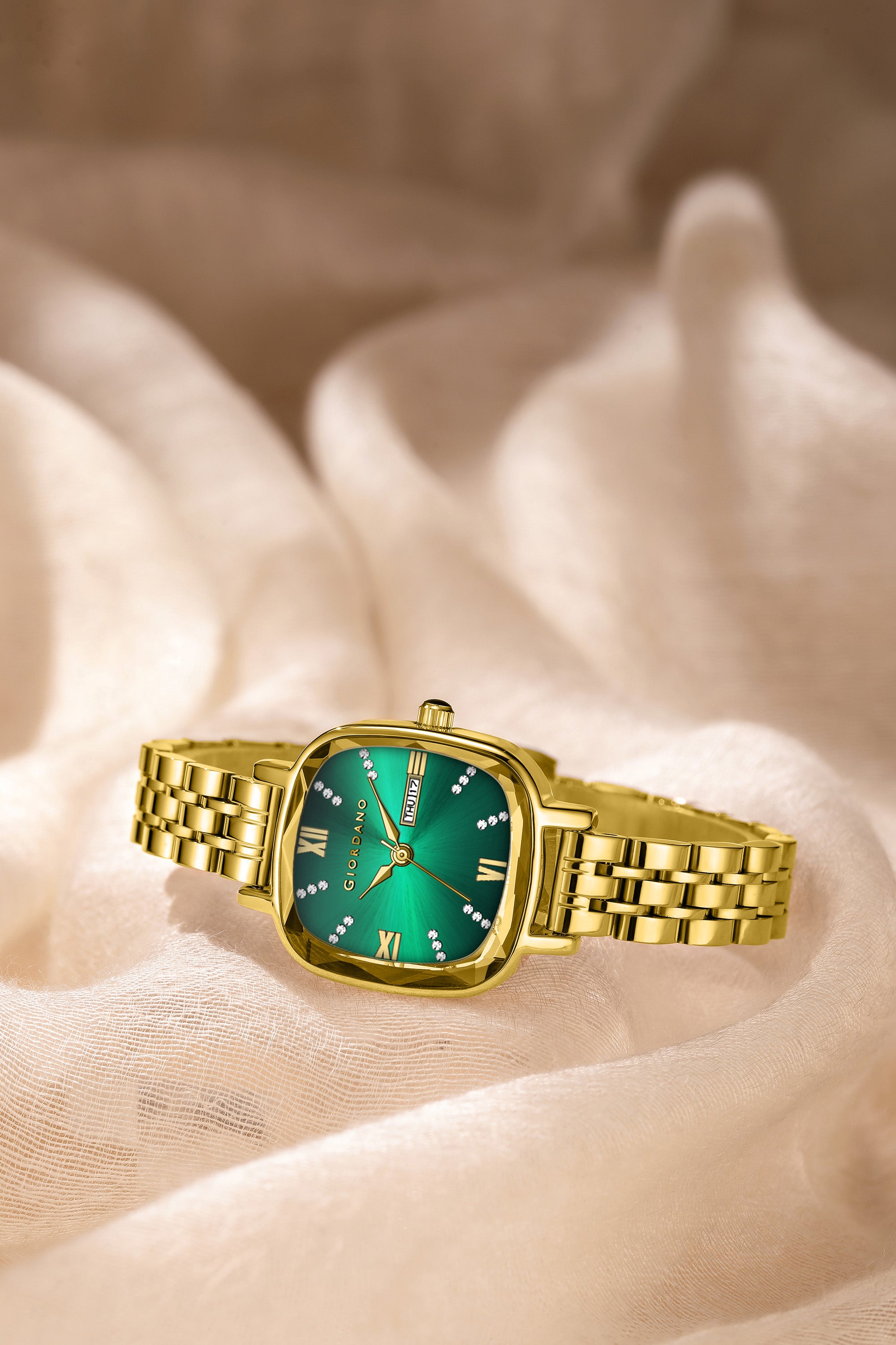 Giordano Elegant Square Watch for Women – Crystal & Roman Hour Markers, Day-Date Display, Stainless Steel Strap | GZ-60097-88