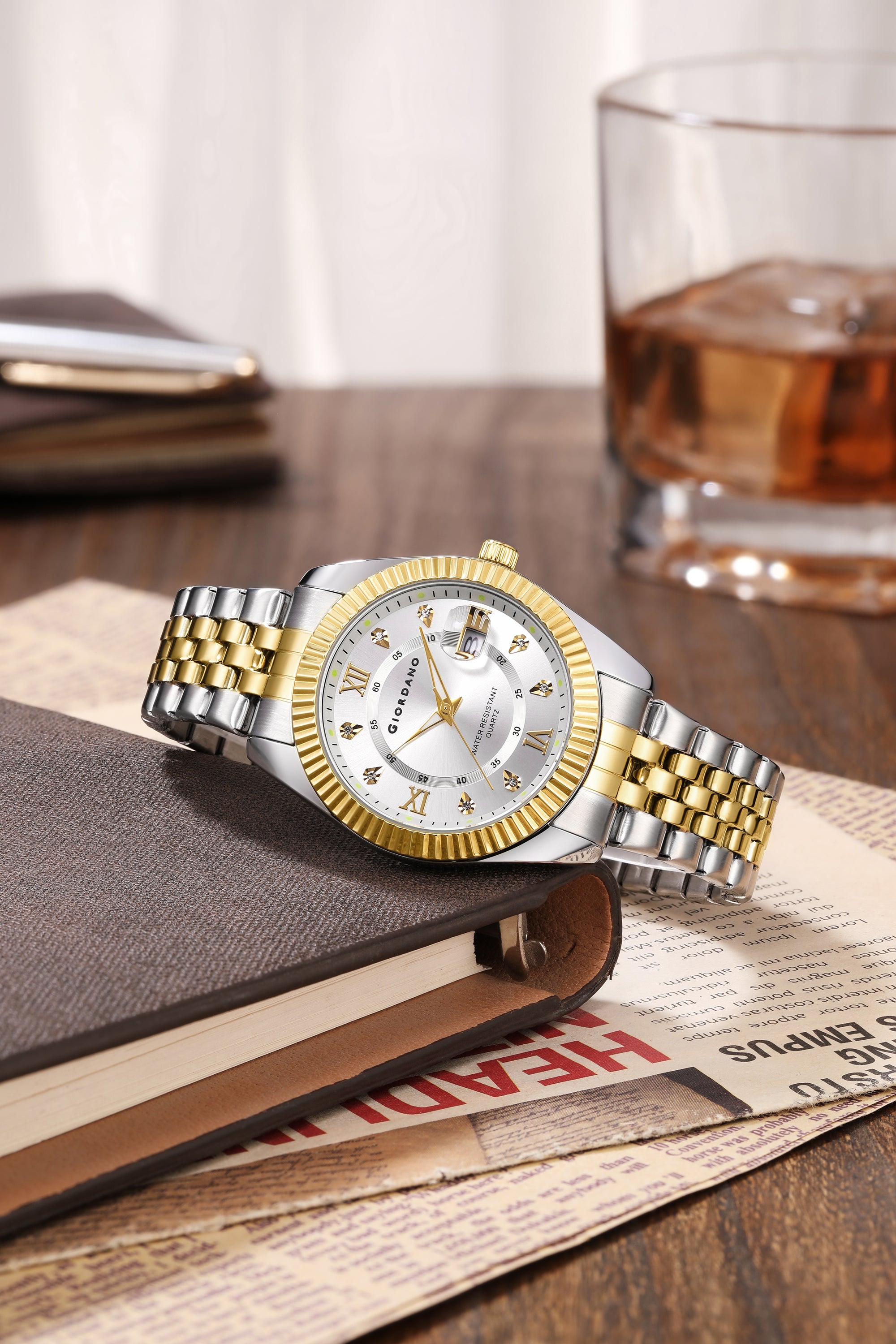 Giordano Analog Watch For Men - Dual-Tone Stainless Steel Strap, Crystal Indices And Fluted Bezel GZ-50139-55