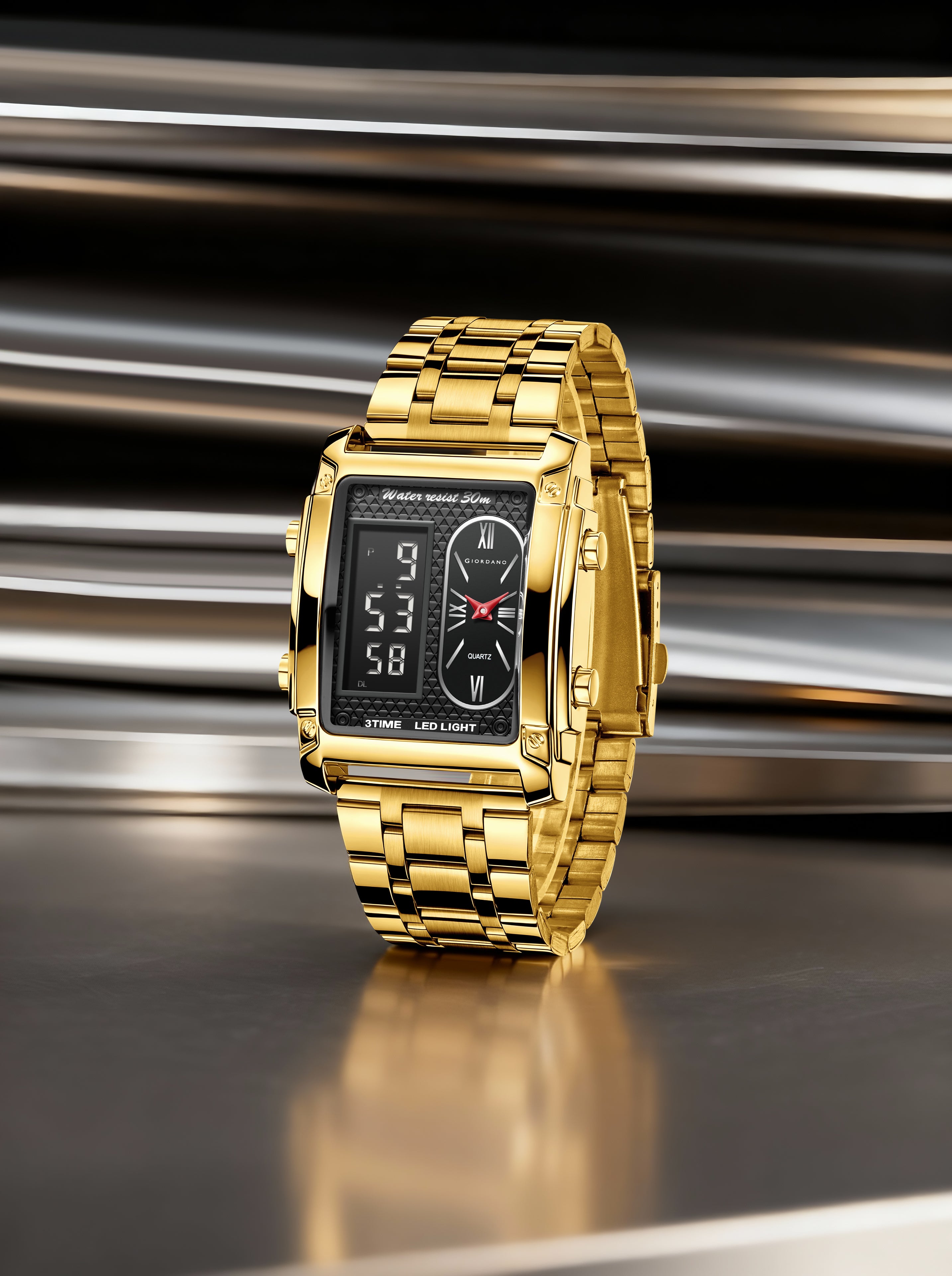 Giordano Analog-Digital Display Watch for Men Quartz Movement, LED Light, Dual Time, Date Function, Stainless Steel Strap - GZ-50184-22