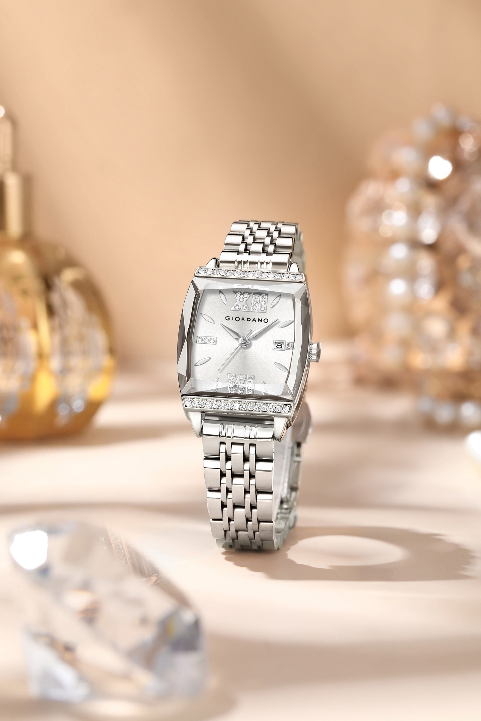 Giordano Analog Watch for Women – Elegant Square Cut-Glass Dial, Crystal Roman Numerals, Stainless Steel Strap – Stylish Luxury Timepiece & Gift | GZ-60117-11