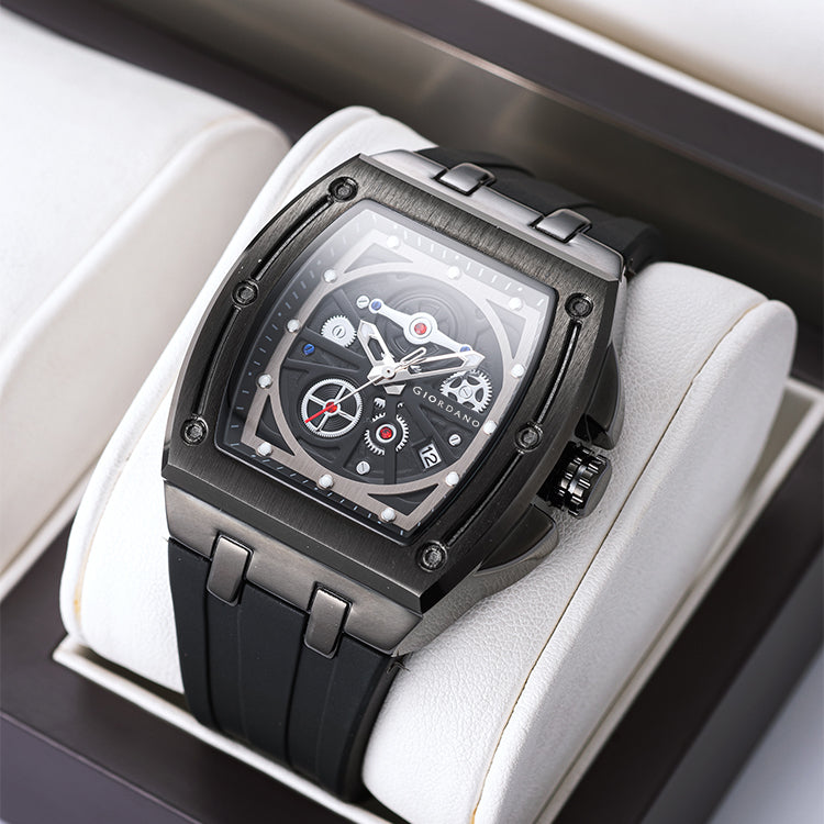 Giordano Sqaure Analog Casual Sporty Watch for Men – Mechanical-Inspired Dial, Date Display, Quartz Movement and Comfortable Silicone Strap | GZ-50151-01