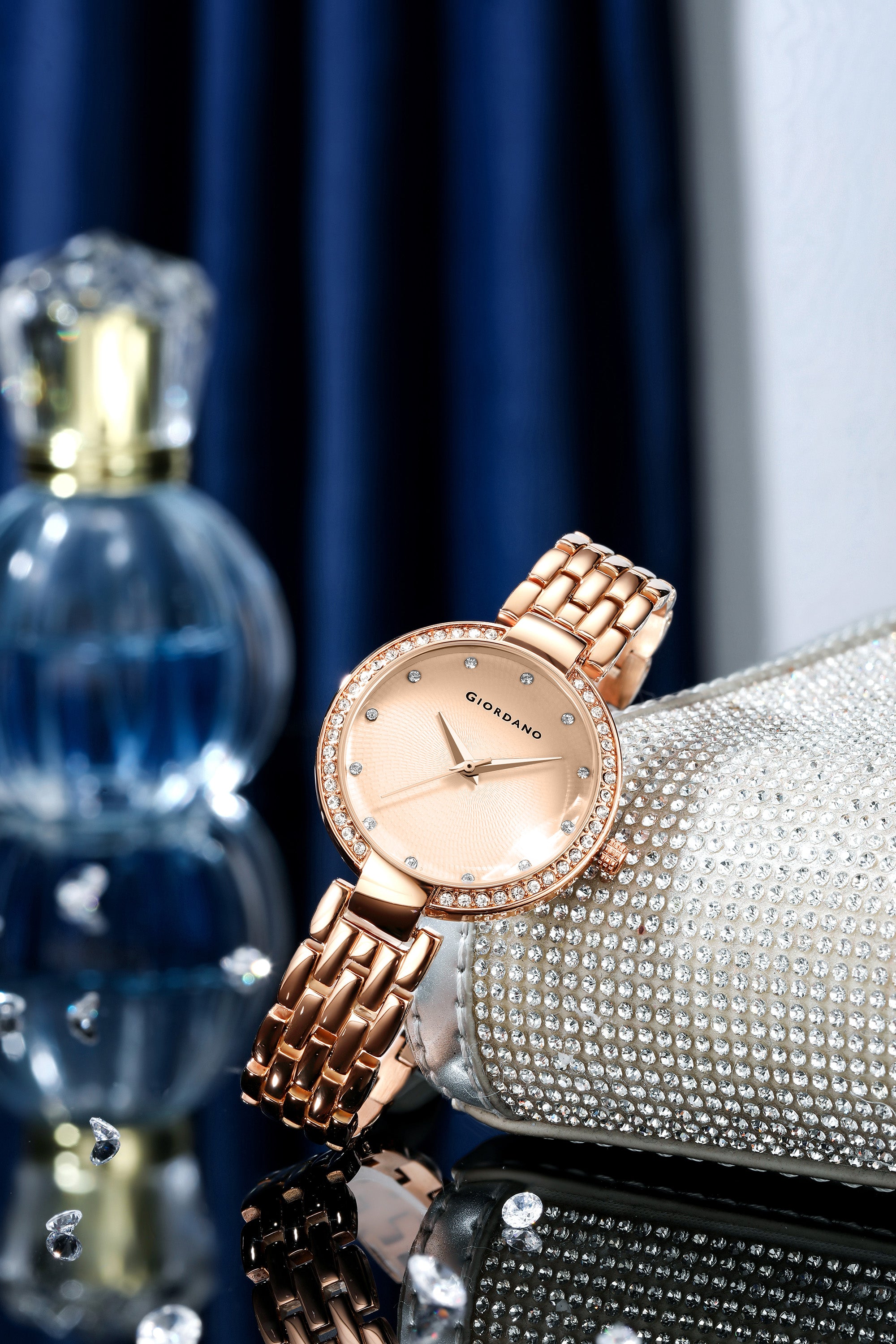 Giordano Analog Watch for Women with Diamond Indices, Stainless Steel Strap and Crystal Embellished Bezel | GD-2141-55