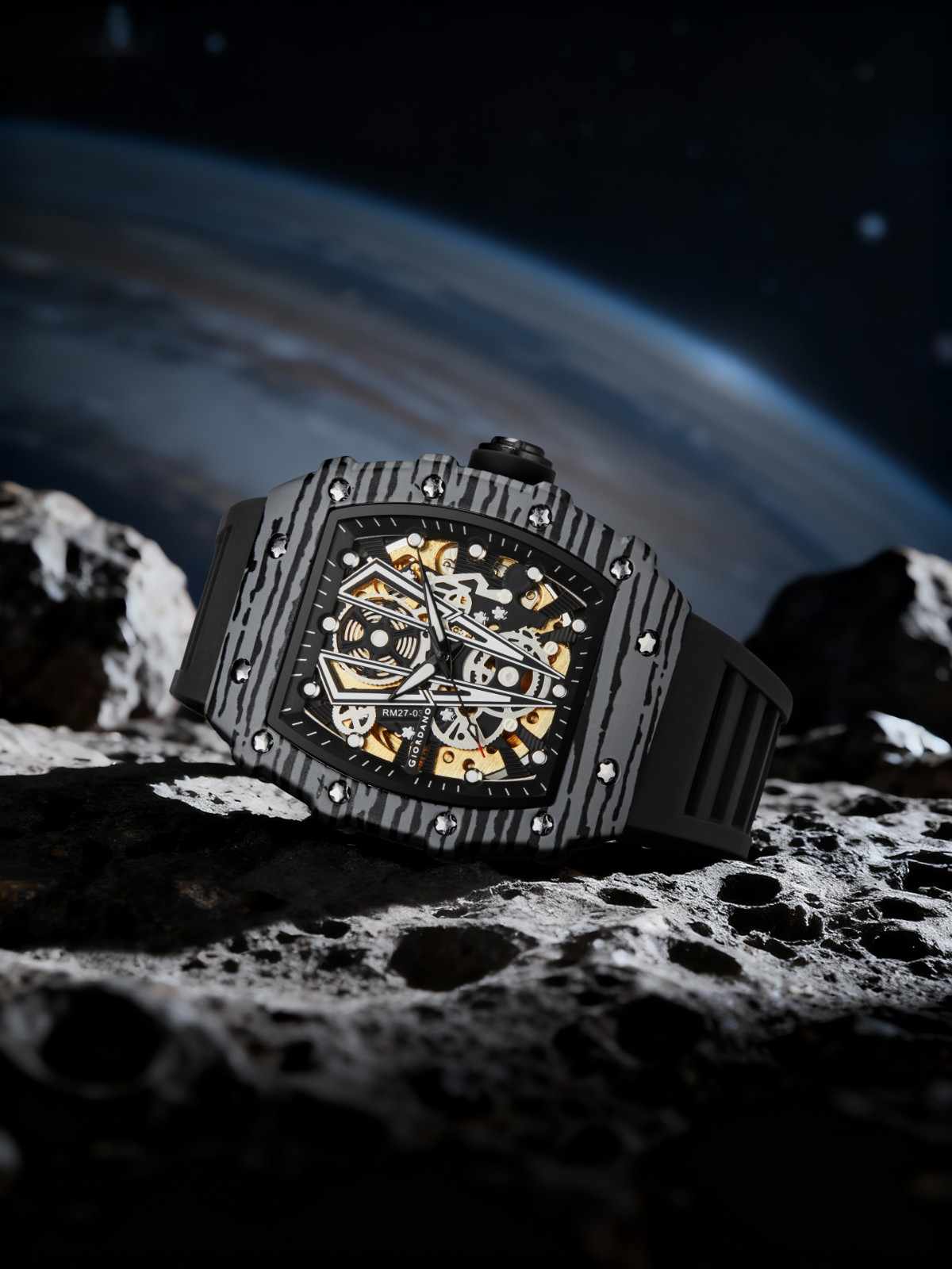 GIORDANO Automatic Square Watch for Men with Skeleton Design, Rugged Textured Case, Luminous Hands, and Silicone Strap - GZ-50181-11