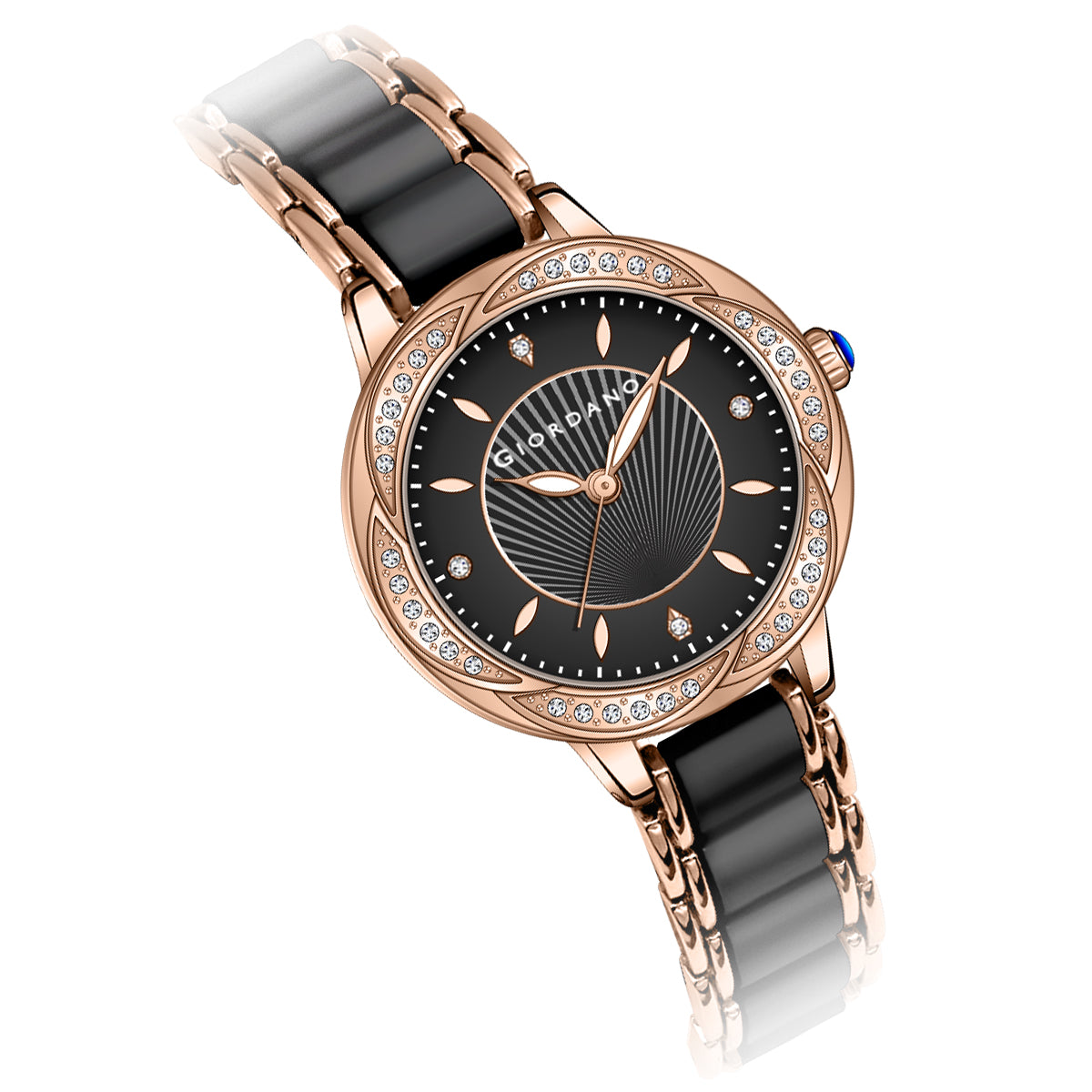 Giordano Flower Case Watch for Women with Crystal-Studded Bezel, Diamond Hour Markers & Dual Tone Stainless Strap | GZ-60095-11
