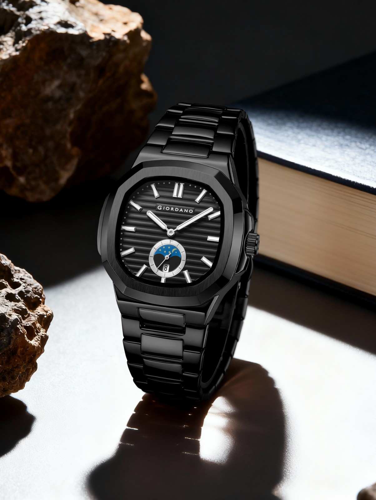 GIORDANO Analog Watch for Men – Classic Moon Phase Design with Textured Dial, Durable Stainless Steel Strap, and Date Display - GZ-50179-11