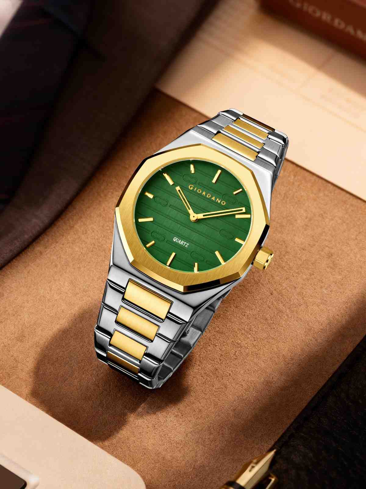 GIORDANO Elegant Analog Watch for Men with Octagonal Textured Dial, Stainless Steel Strap, Luminous Markers, and Quartz Movement - GZ-50178-22