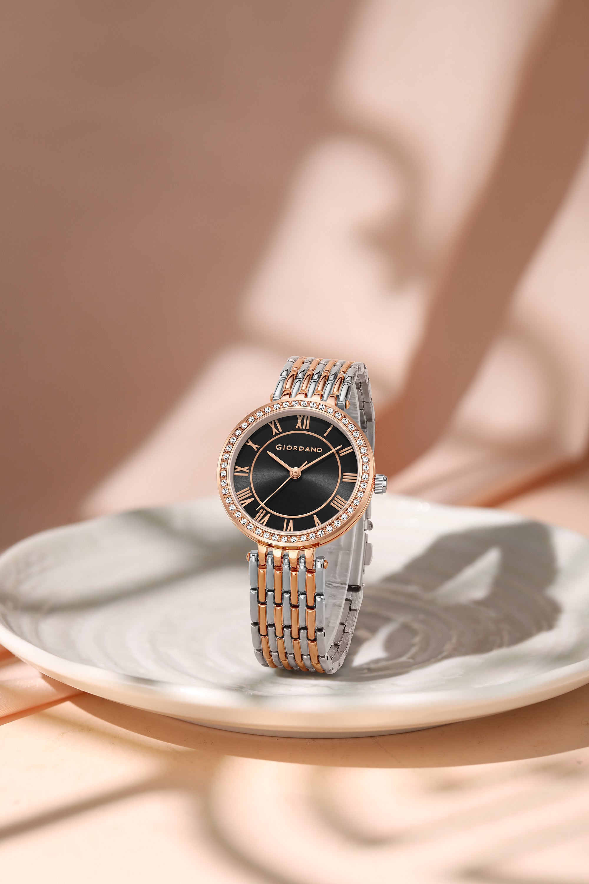 Giordano Eleganza Collection Watch for Women with Stainless Steel Strap and Crystal Embellished Bezel, Roman Numerals-A2083-44