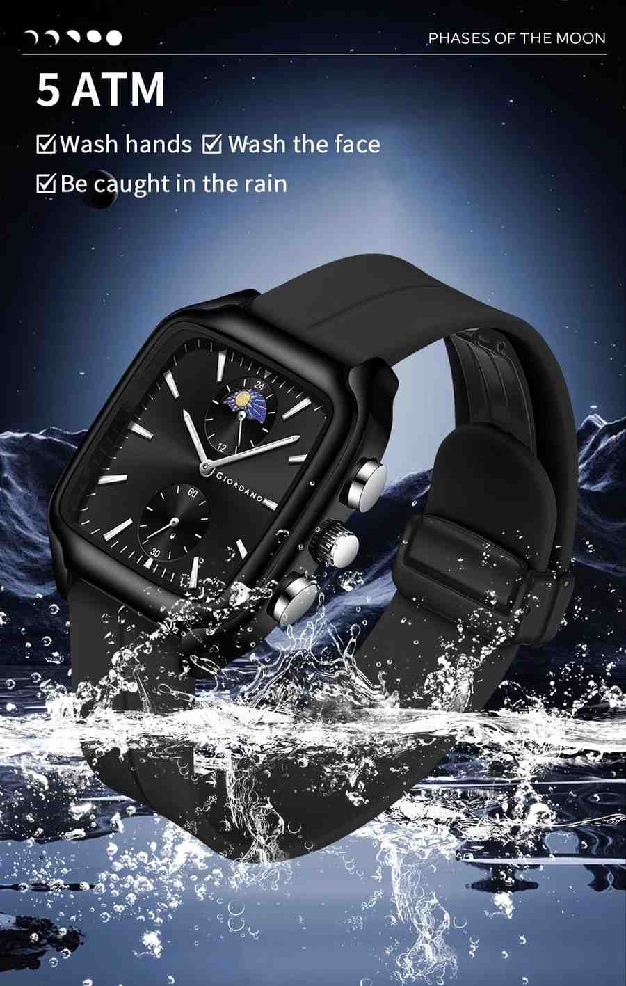 Giordano Premium Square Case Watch for Men | Moon Phase/24-Hour Indicator, Dual Subdials, Silicone Strap GZ-50166-01