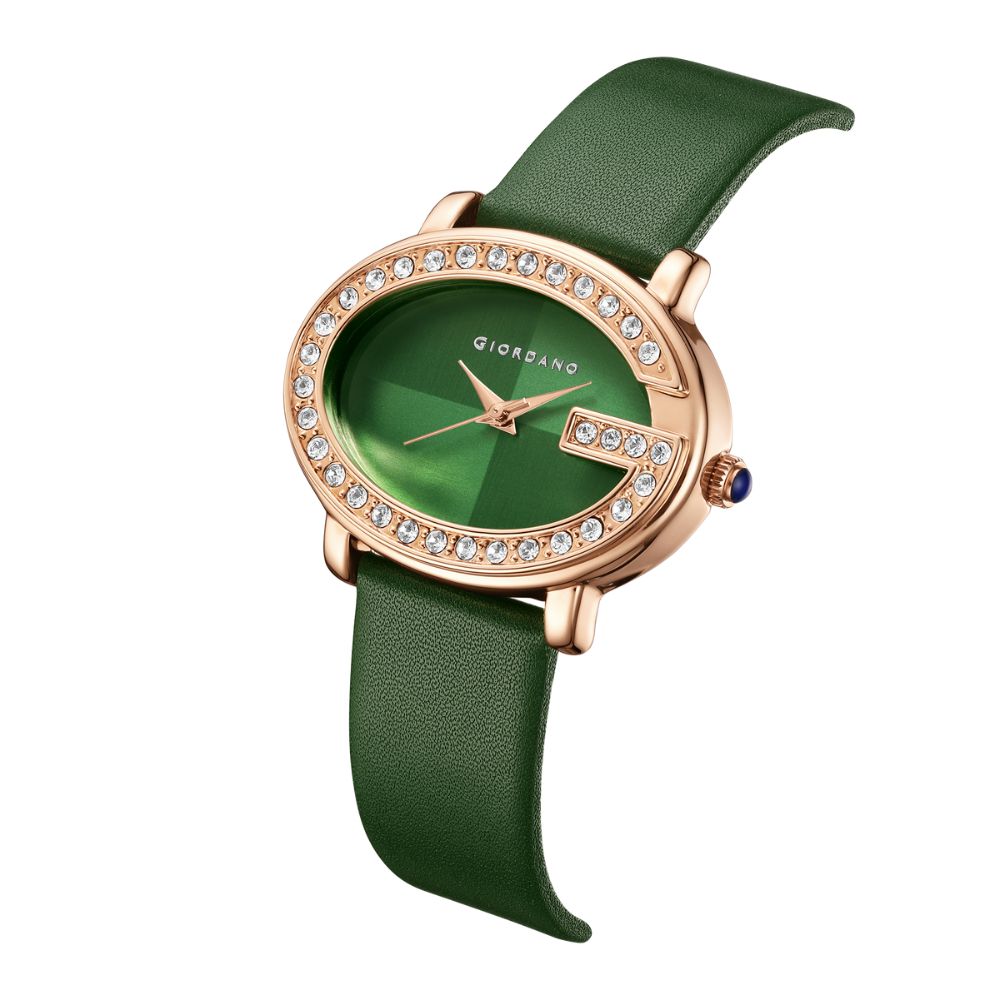 Giordano Monogram Watch for Women with Elegant Oval Shape Dial ,crystal bezel, Quartz Movement and Leather Strap | GZ-60105-04