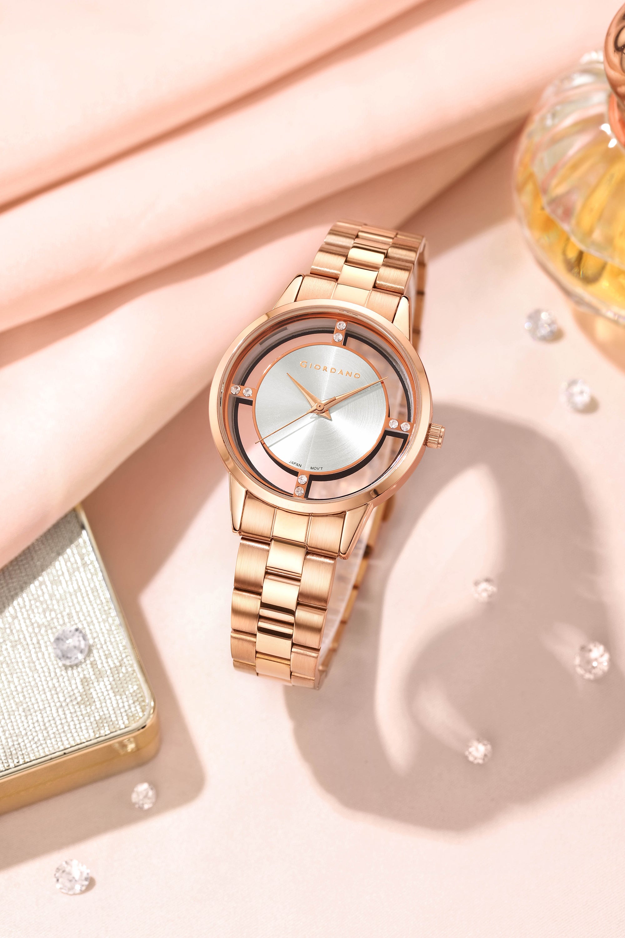 Giordano Analog Stylish Watch for Women with See-Through Dial with Crystal Accents and Stainless Steel Strap | GZ-60078-22