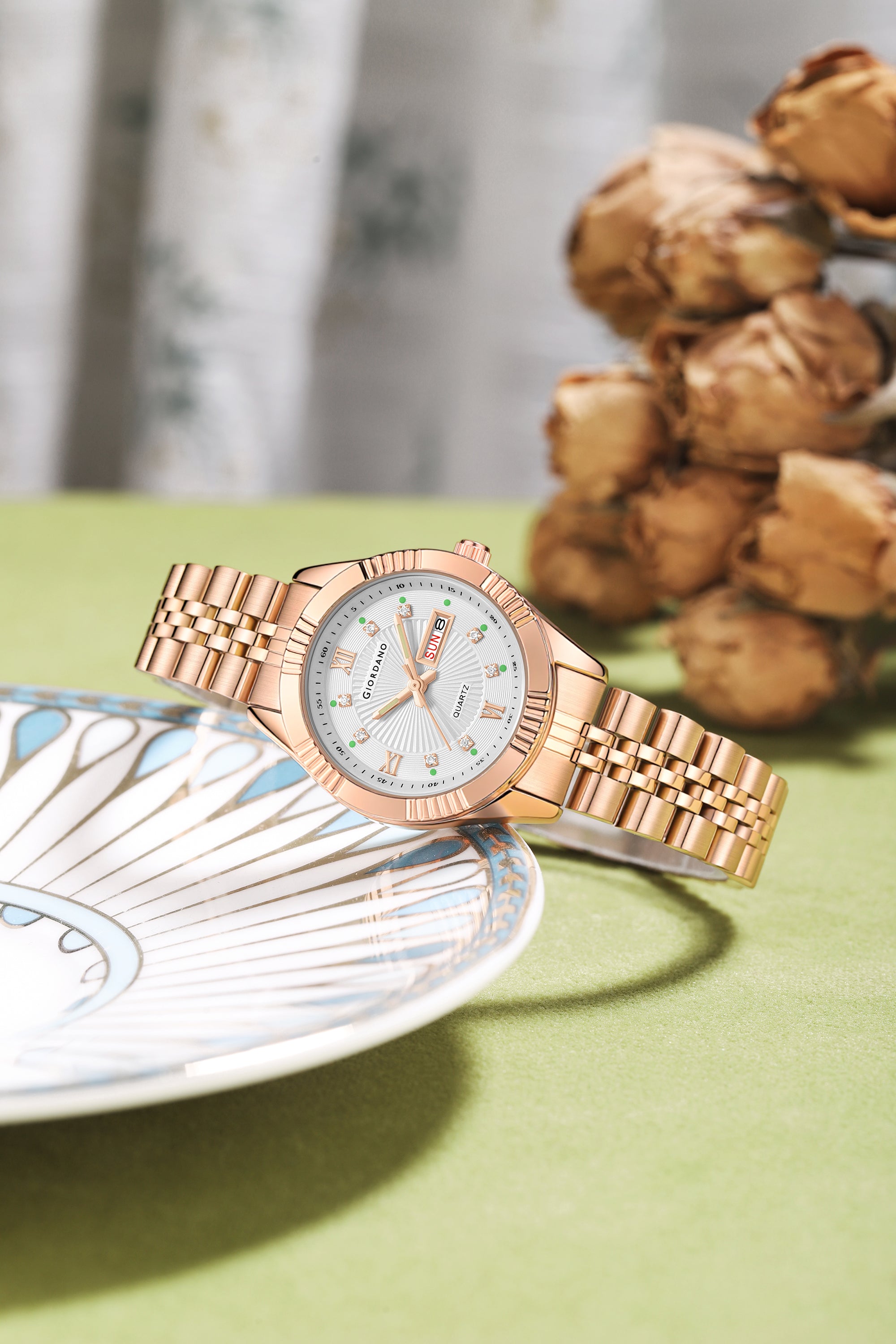 Giordano Analog Quartz Watch for Women with Day & Date Display, Textured Dial, Diamond Hour Markers, Roman Numerals Stainless Steel Strap - GZ-60172-55