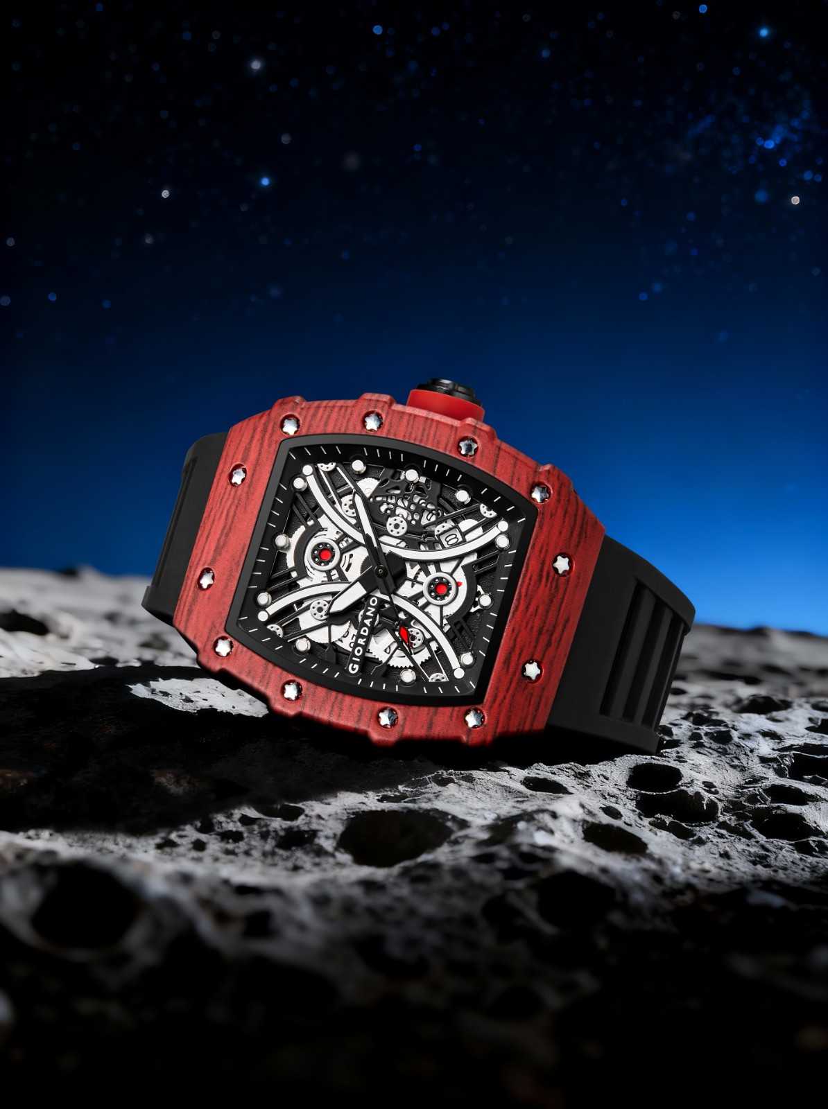 GIORDANO Analog Square Watch for Men with Skeleton Design, Rugged Textured Case, Luminous Hands, and Silicone Strap - GZ-50180-22