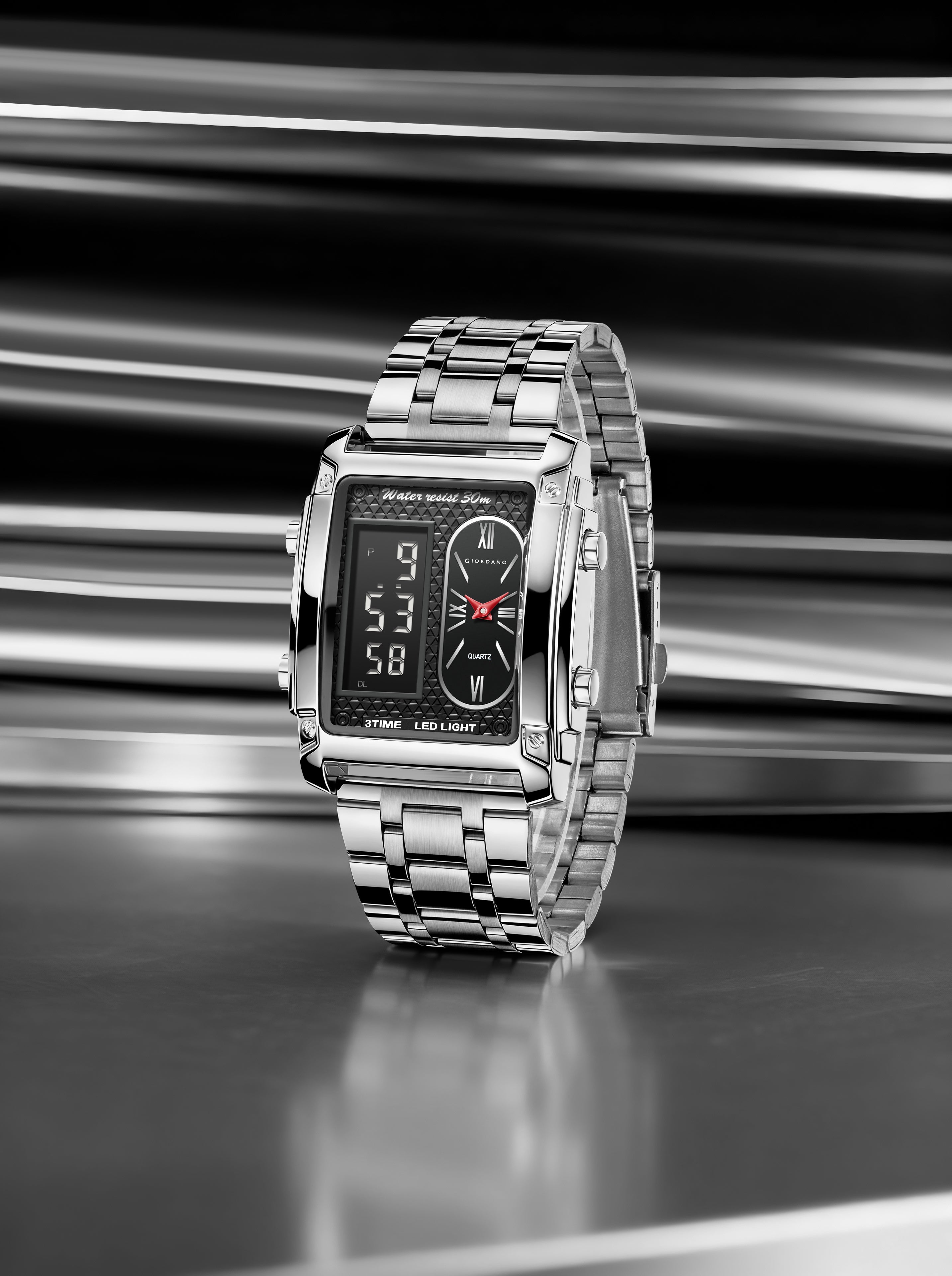 Giordano Analog-Digital Display Watch for Men Quartz Movement, LED Light, Dual Time, Date Function, Stainless Steel Strap - GZ-50184-33