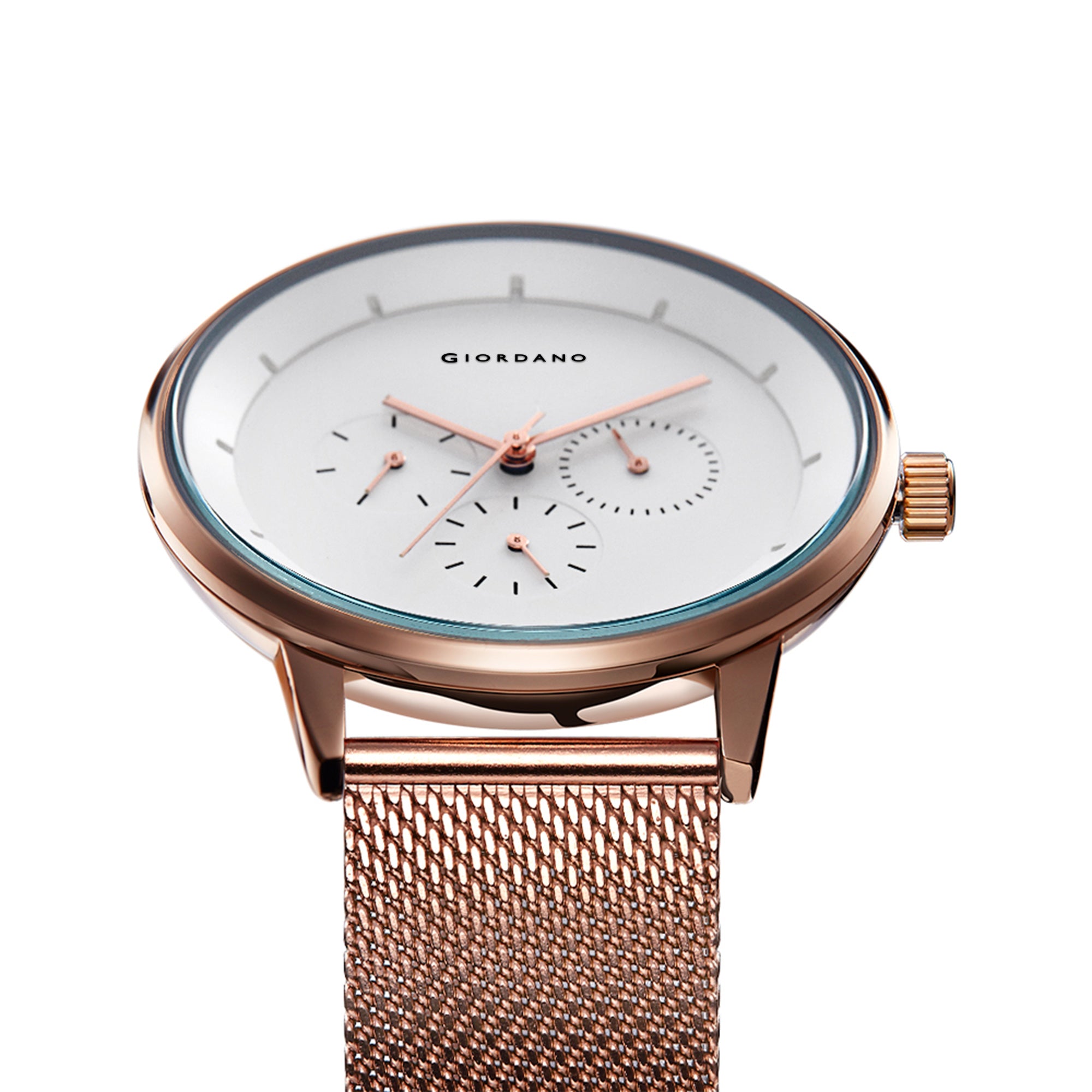 Giordano Skyscrapper Collection Multi-Function Rose Gold Watch for Man with White Dial and Rose Gold Metal Mesh Strap Wrist Watches for Men, with Classy Mesh Band | GZ-50005-22