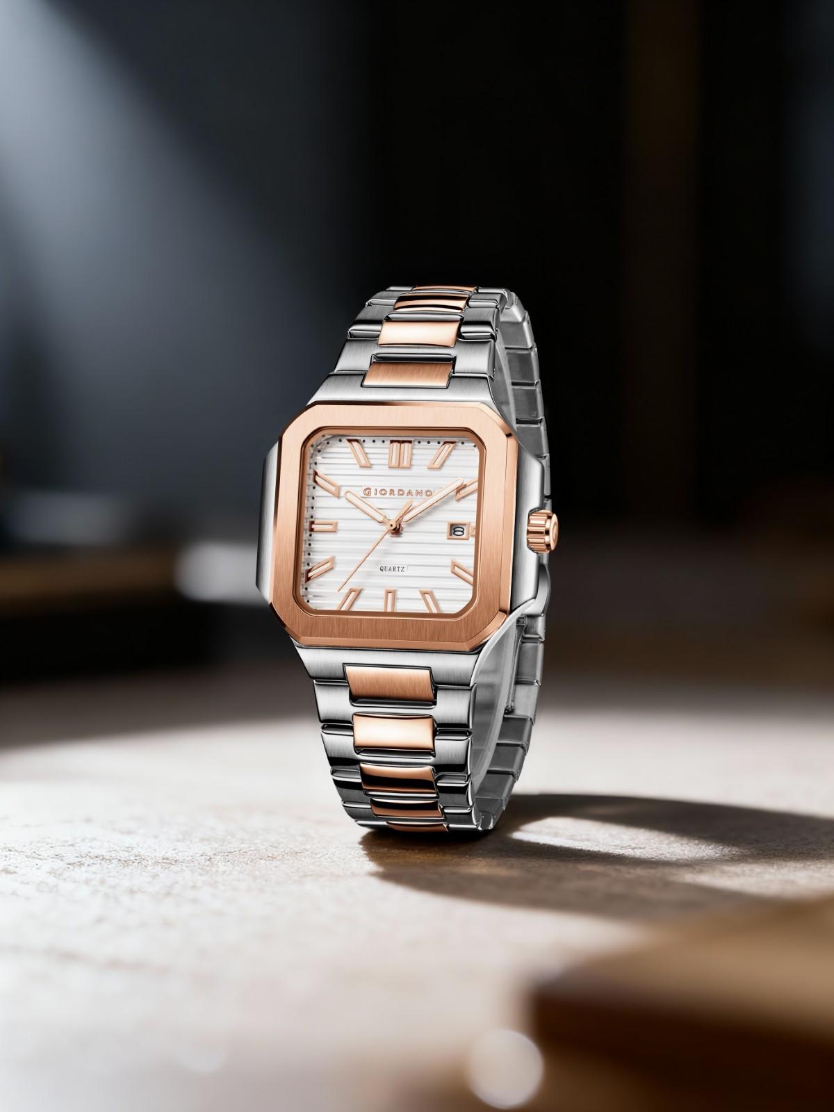 GIORDANO Analog Square Watch for Men – Textured Dial, Two-Tone Stainless Steel Strap, Quartz Movement and Date Display - GZ-50174-22