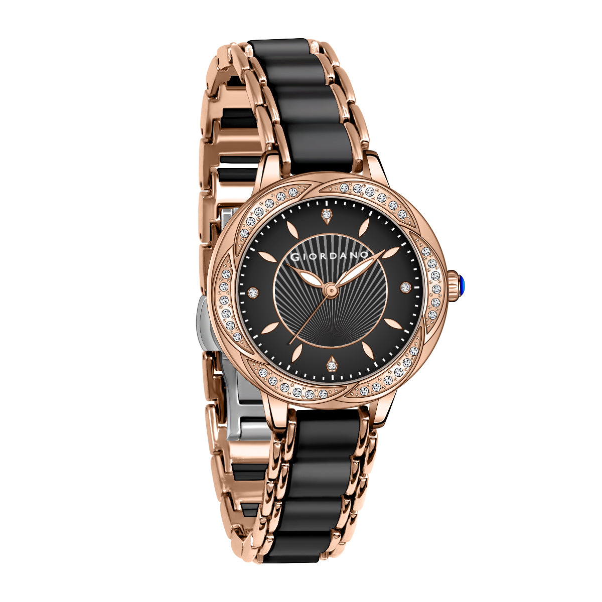 Giordano Flower Case Watch for Women with Crystal-Studded Bezel, Diamond Hour Markers & Dual Tone Stainless Strap | GZ-60095-11