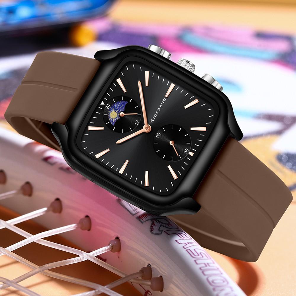 Giordano Premium Square Case Watch for Men | Moon Phase/24-Hour Indicator, Dual Subdials, Silicone Strap GZ-50166-02