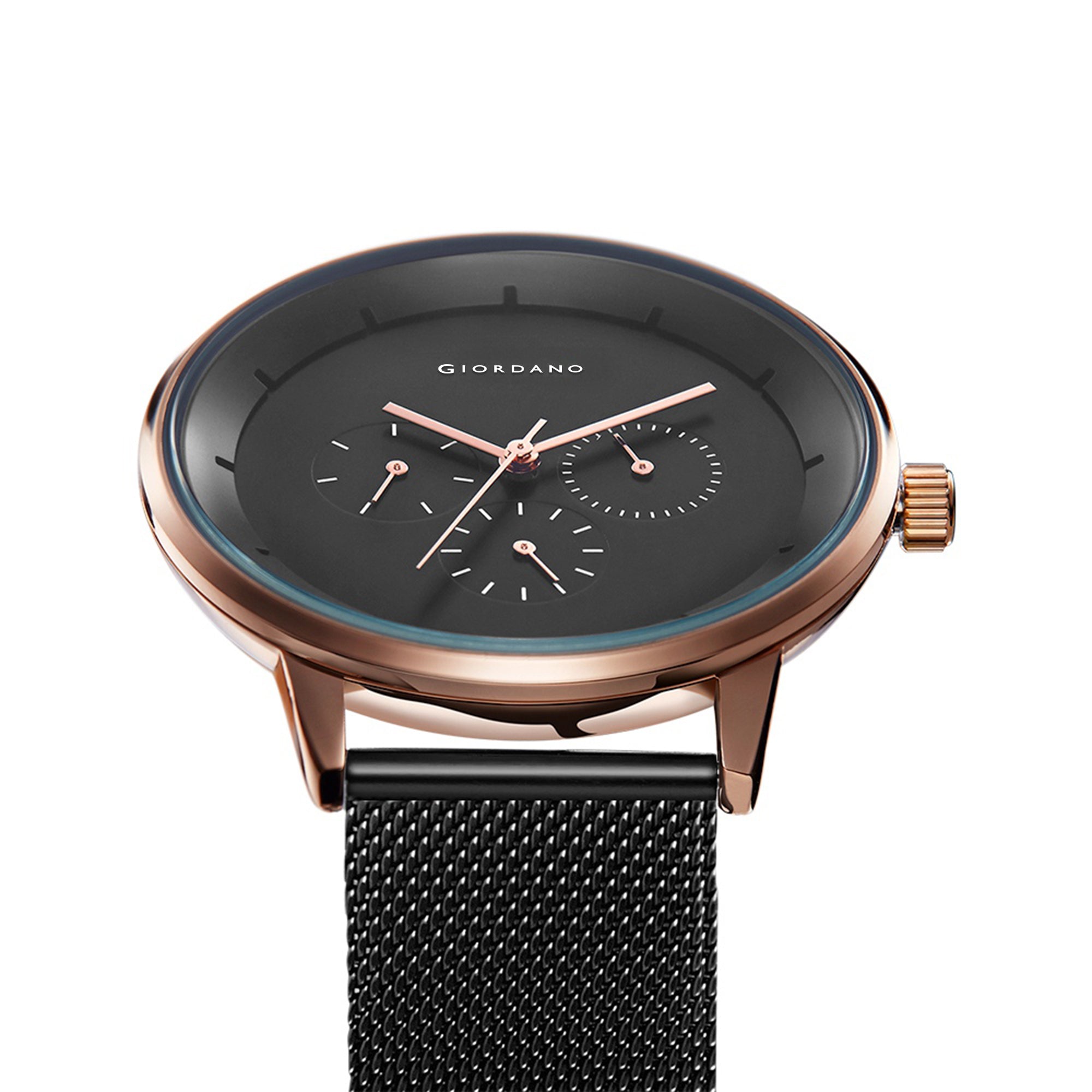 Giordano Skyscrapper Collection Multi-Function Rose Gold Watch for Man with White Dial and Rose Gold Metal Mesh Strap Wrist Watches for Men, with Classy Mesh Band | GZ-50005-33